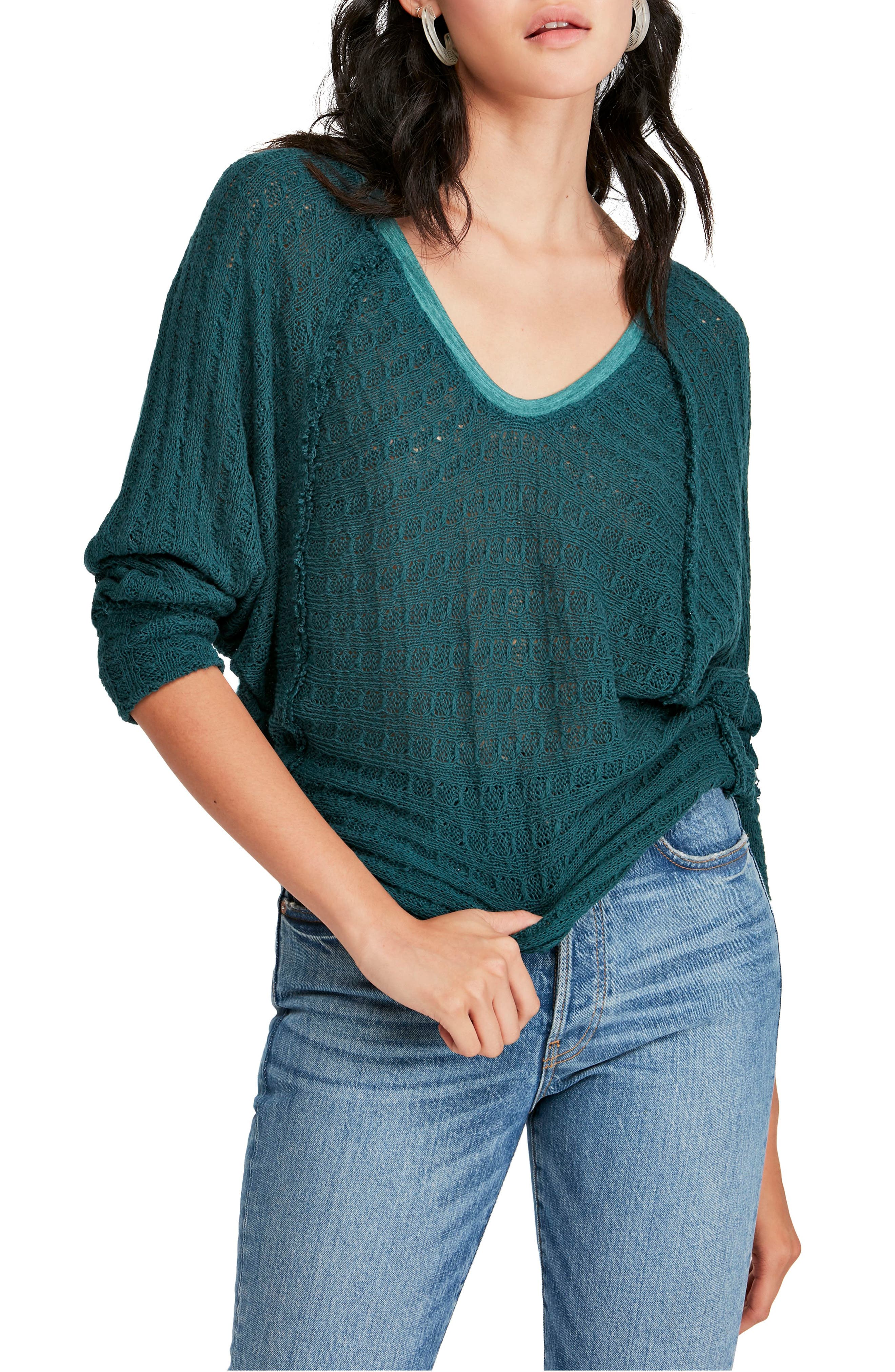 We The Free Womens Thiens Boatneck Hi-Low Pullover Sweater Turquoise Teal Night XS