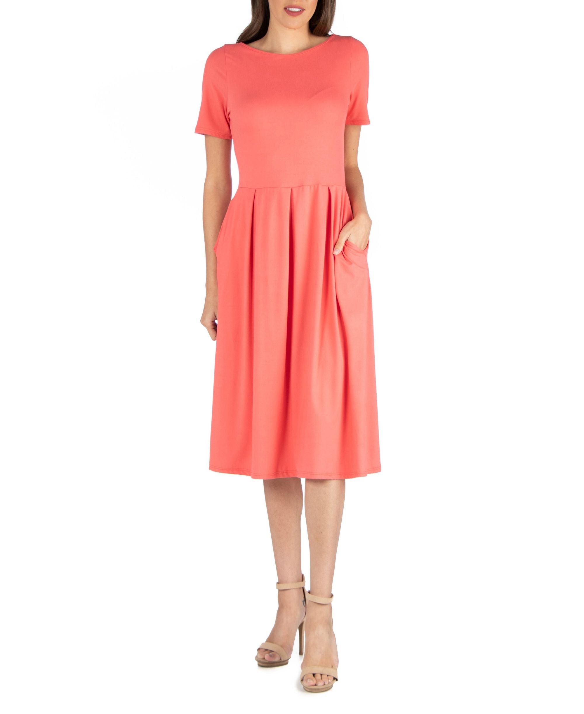 Midi Dress with Short Sleeves and Pocket Detail