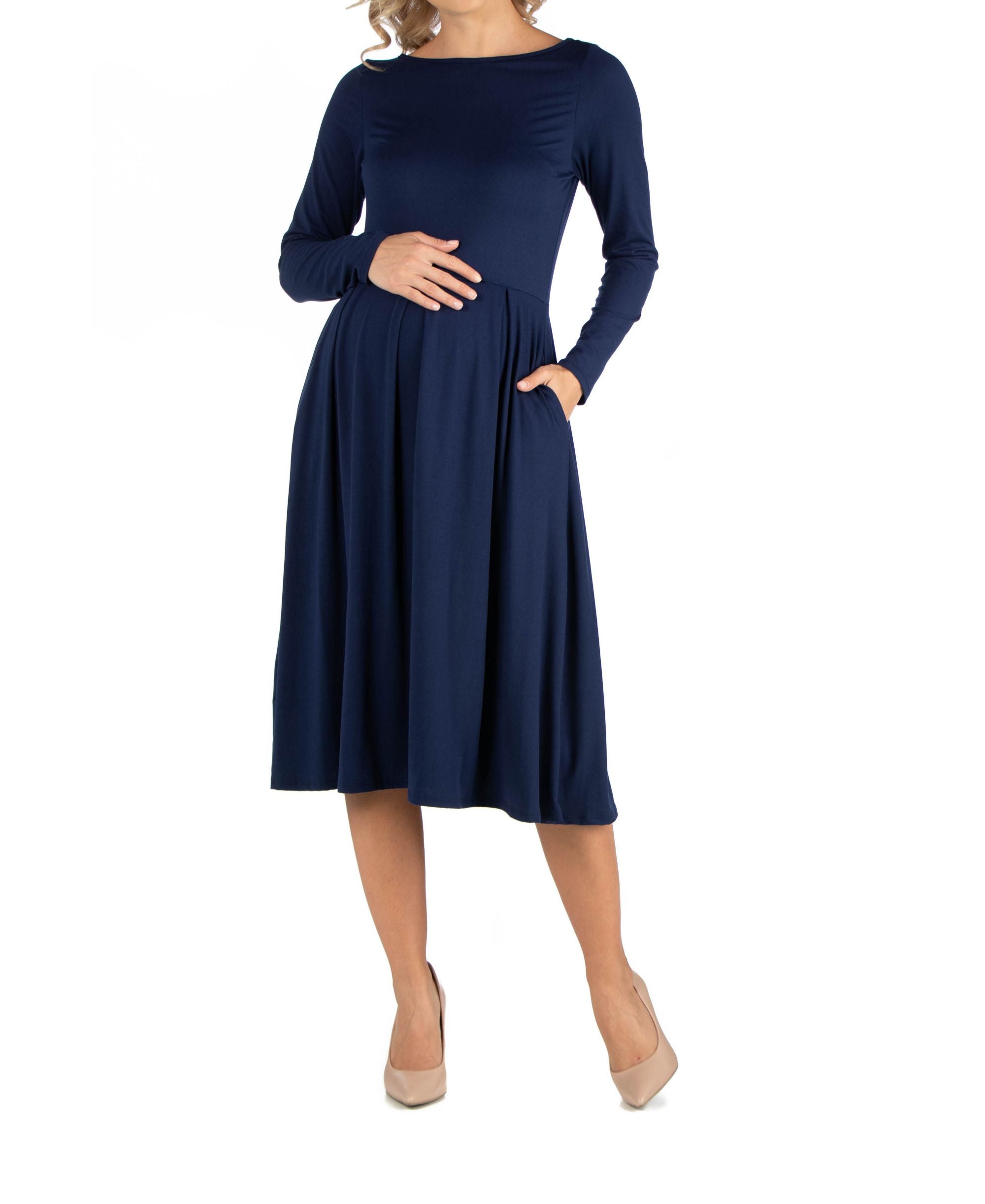 24seven Comfort Apparel Midi Length Fit Flare Pocket Maternity Dress