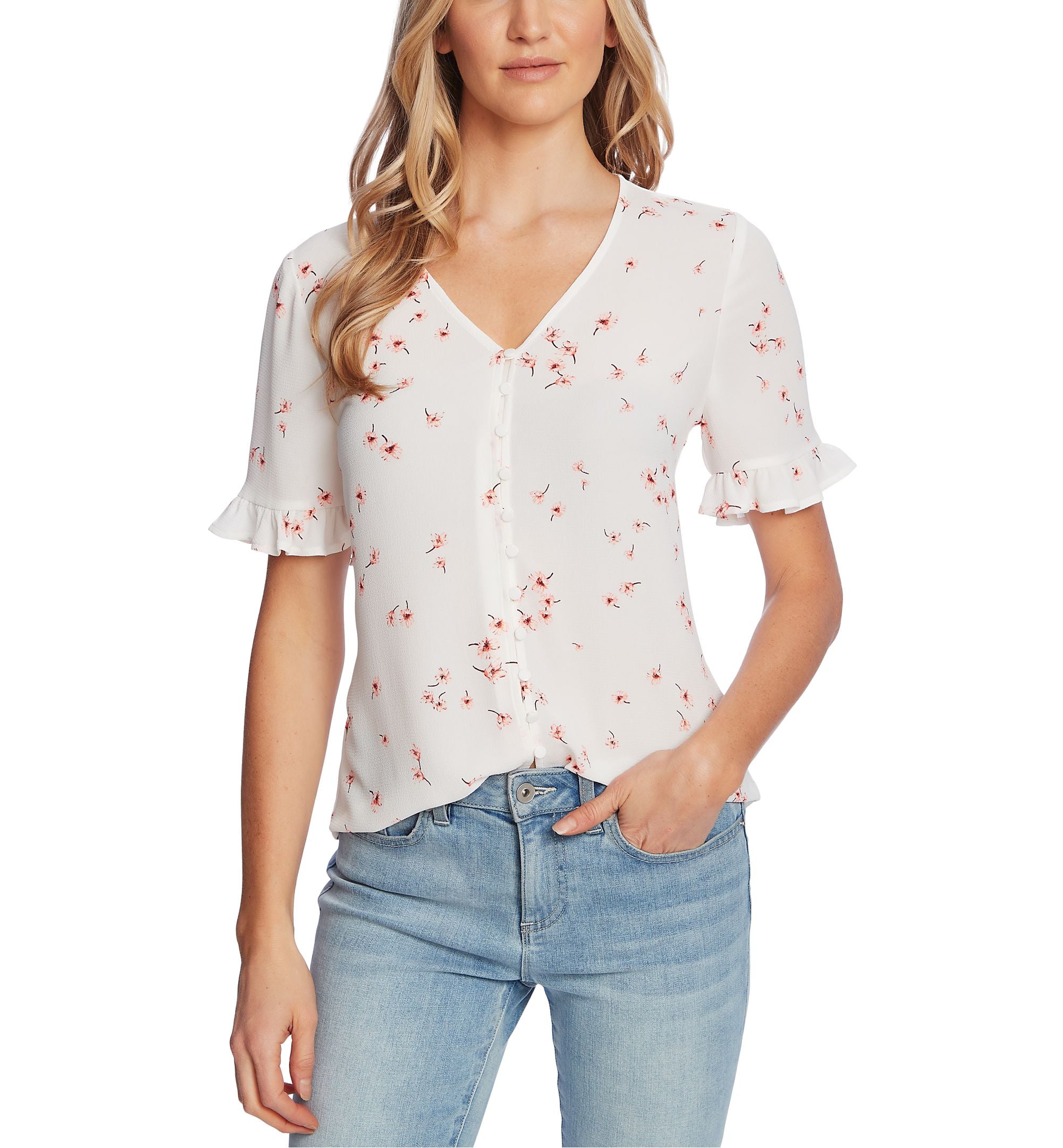 Cece Cascading Florets Ruffled Sleeve Top