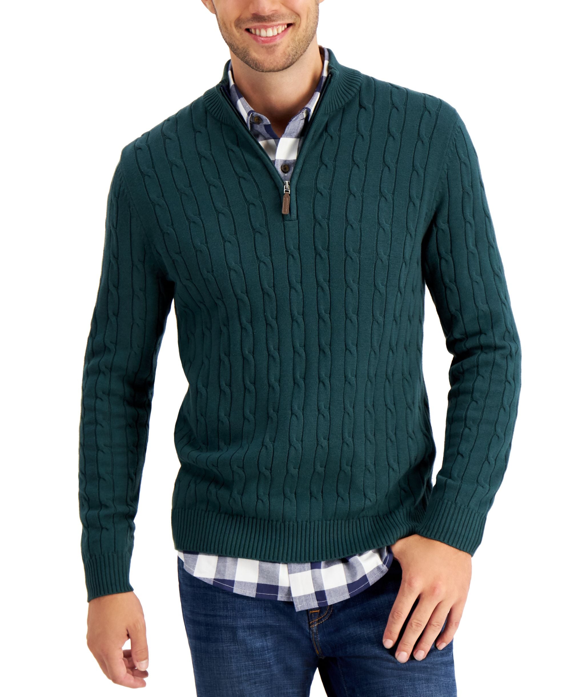 Men's Cable Knit Quarter-Zip Cotton Sweater
