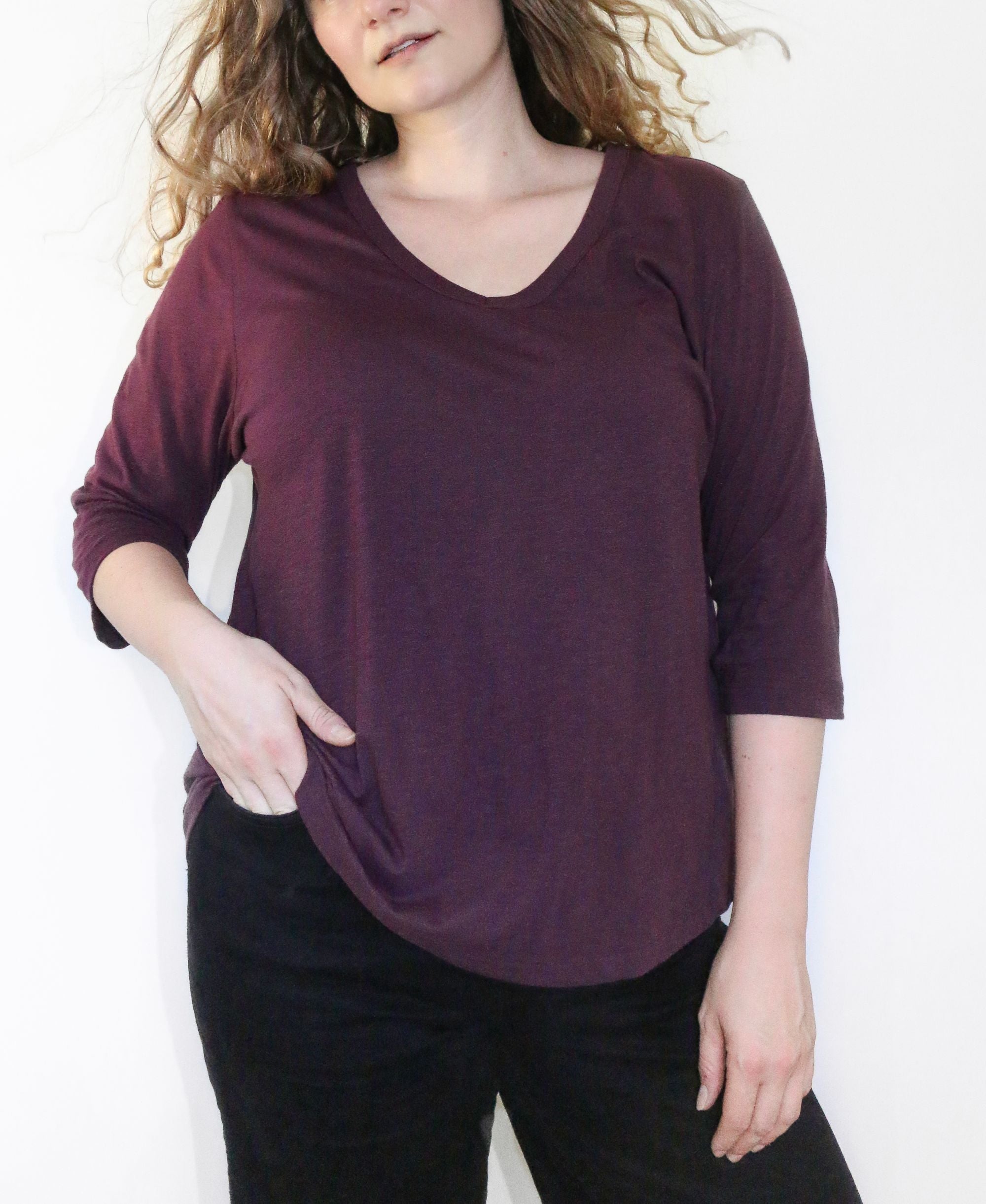 Snoozy Sunday Womens Plus Size Cloudsoft 3/4 Sleeve V Neck Tee