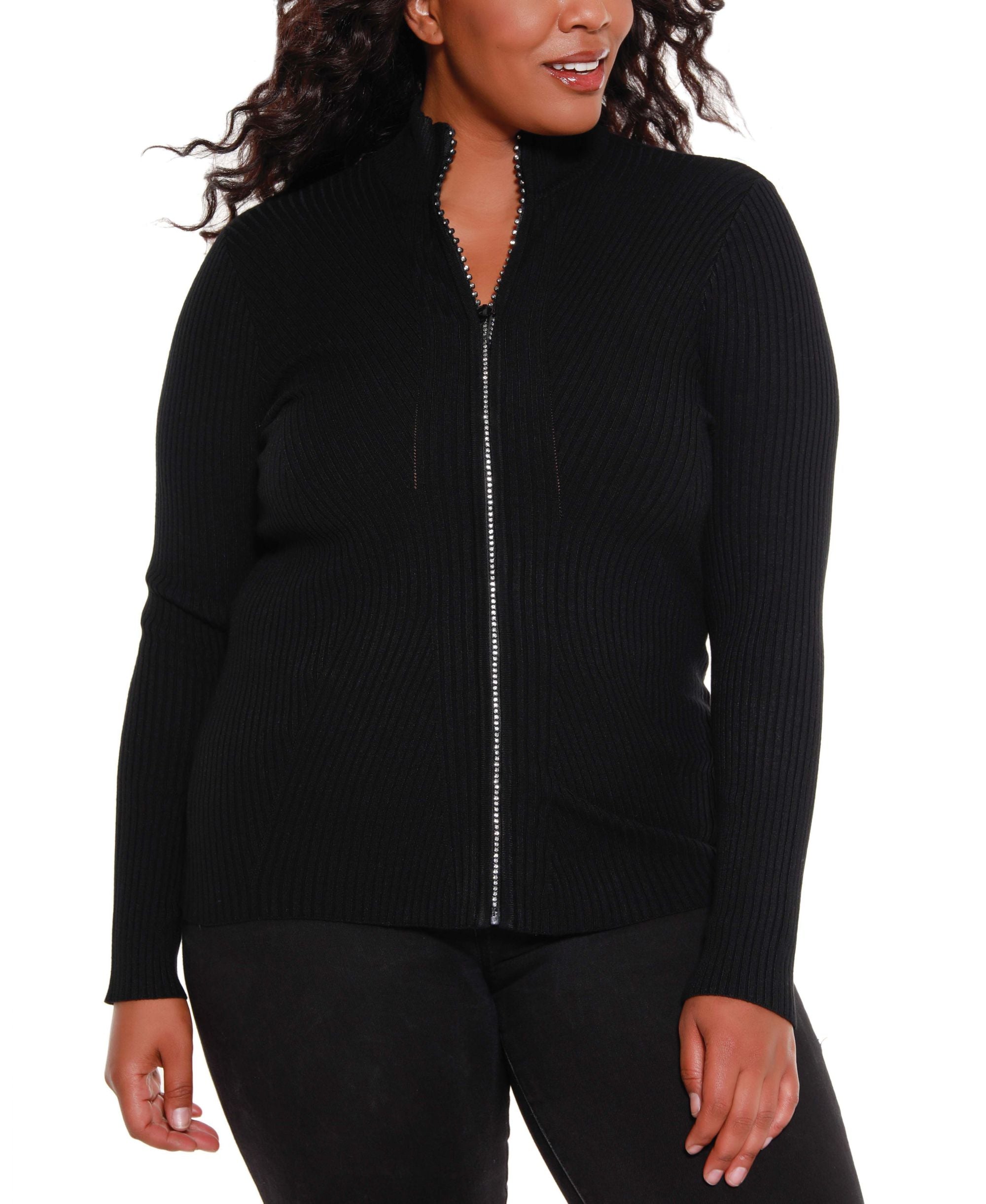 Belldini Black Label Plus Size Mock Neck Ribbed Sweater Zip Up