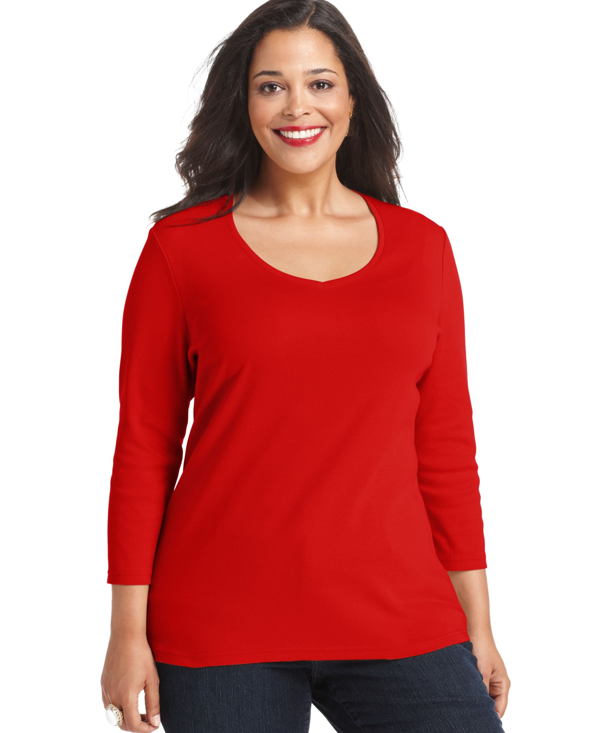 Karen Scott Plus Size Three Quarter Sleeve V Neck Tee
