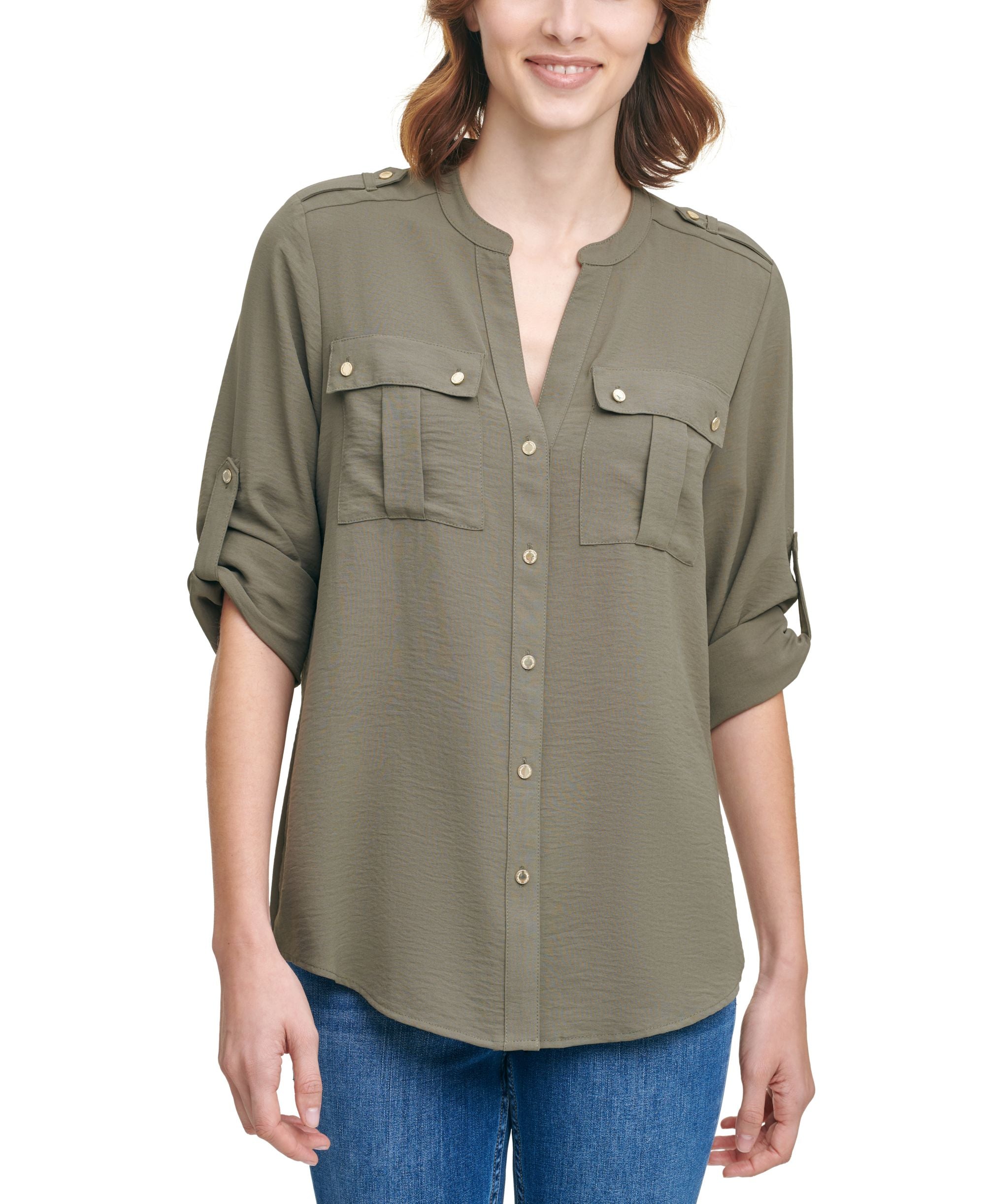 Textured Roll Tab Button Down Shirt