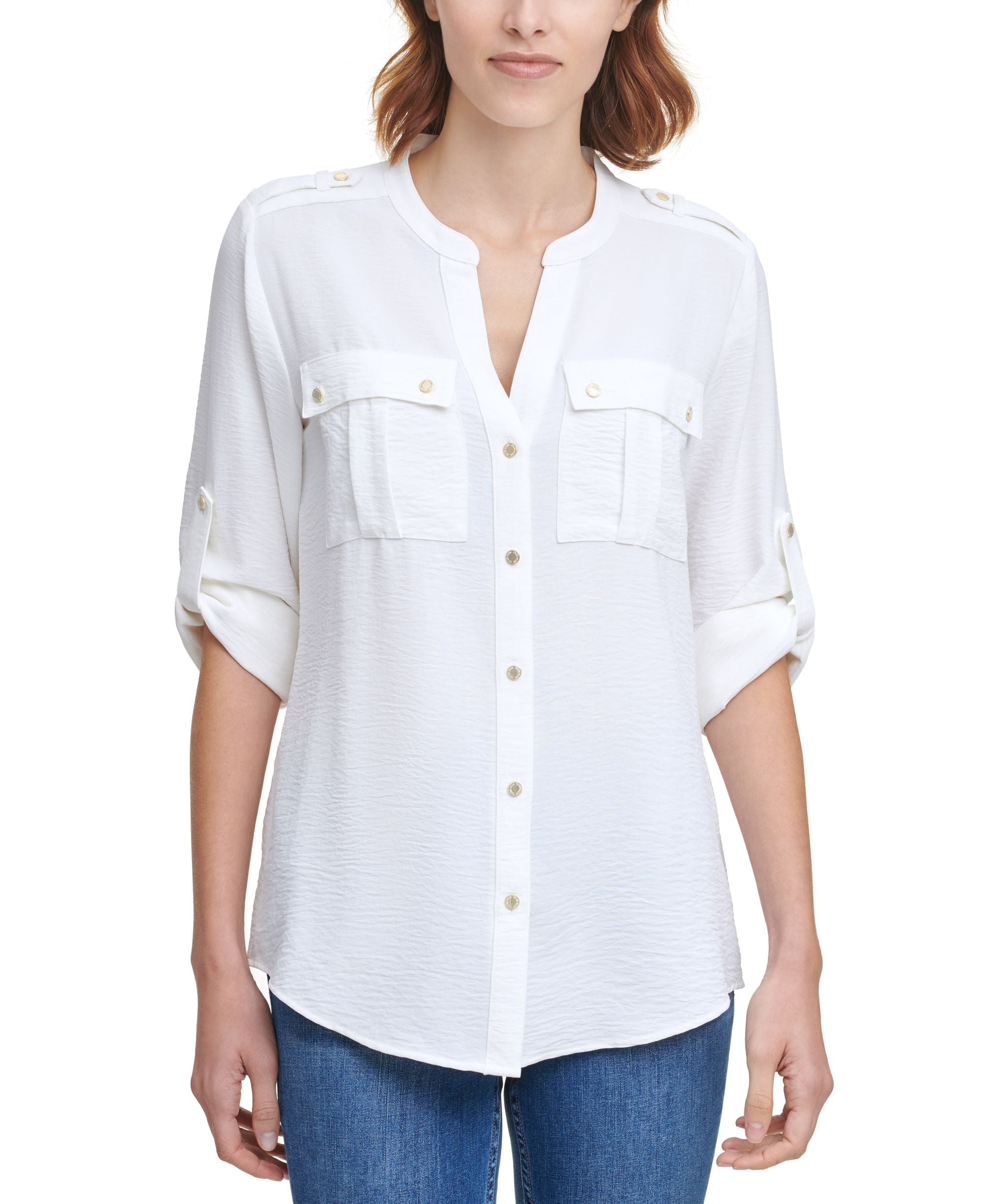 Textured Roll Tab Button Down Shirt