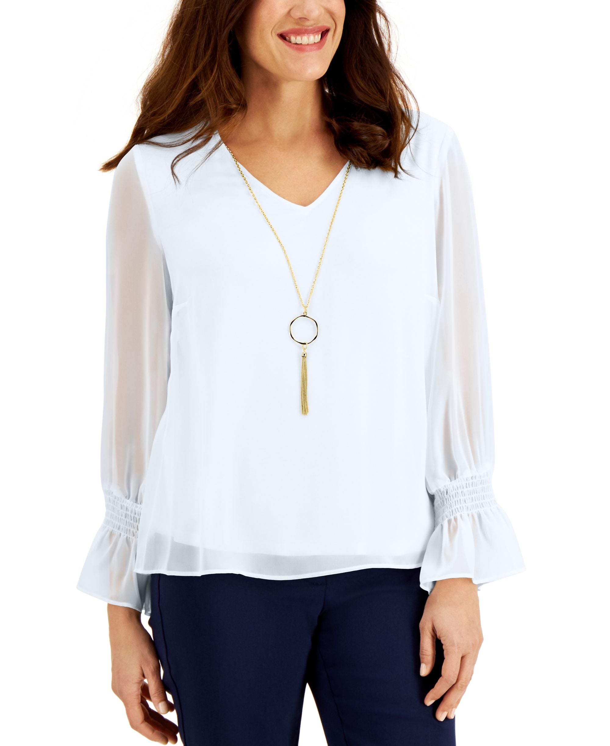 Petite Smocked-Sleeve Necklace Top