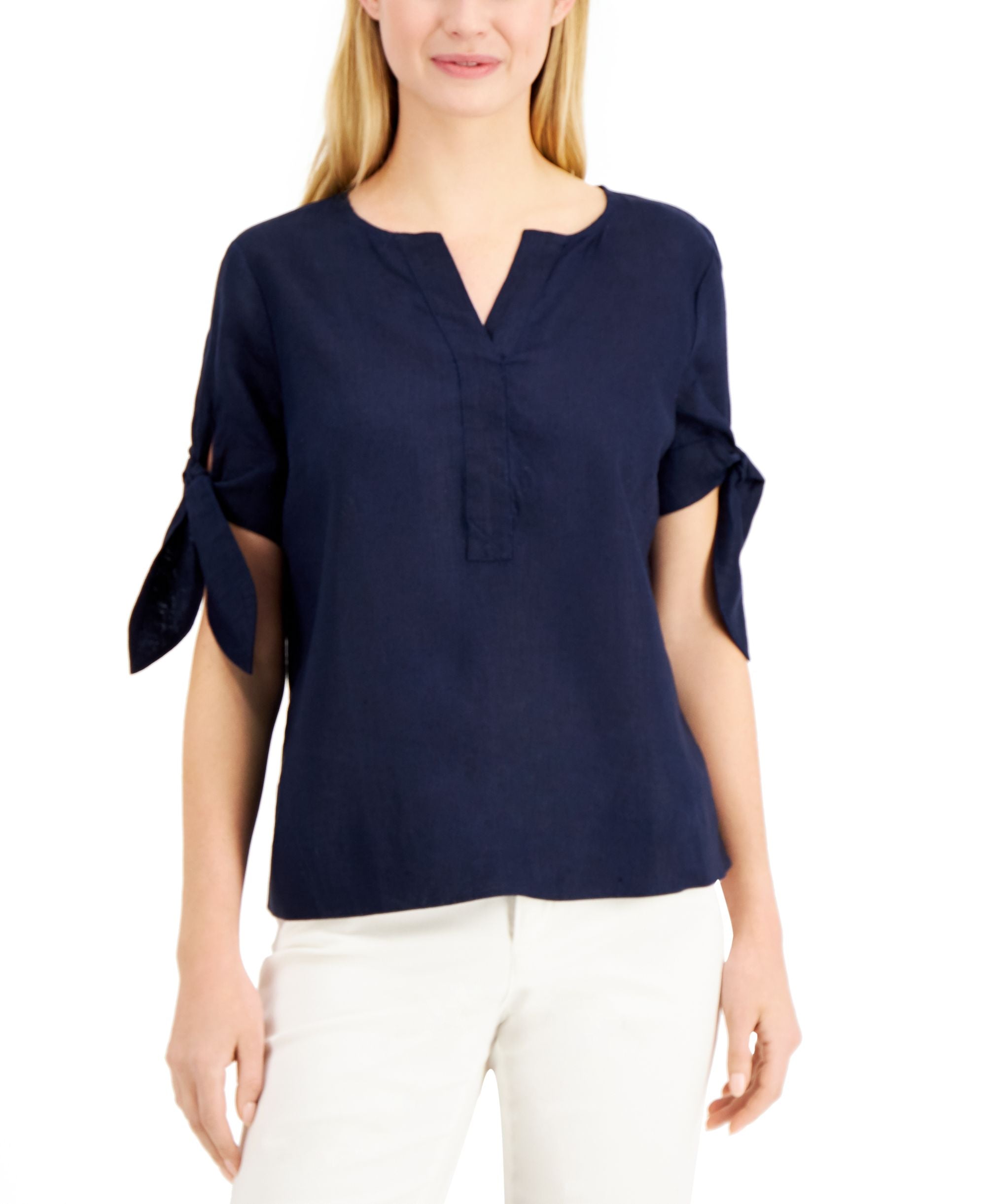 Charter Club Womens Linen Split Neck Tie Cuff Top