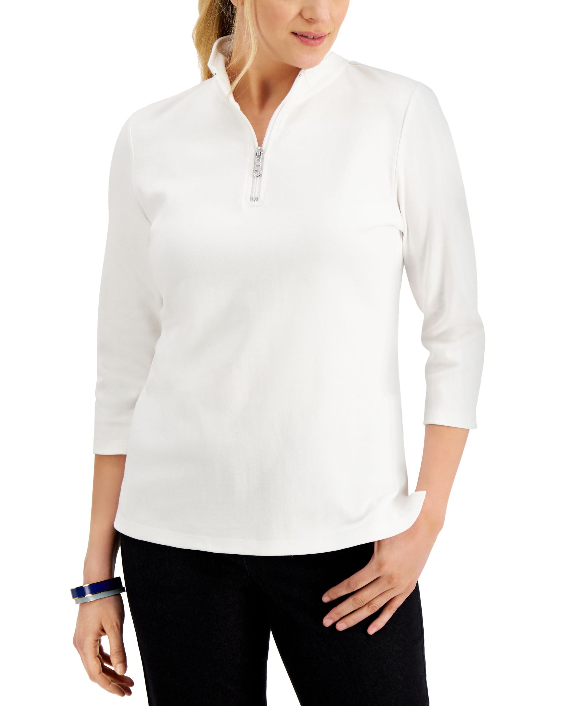 Karen Scott Cotton Zip Neck Top