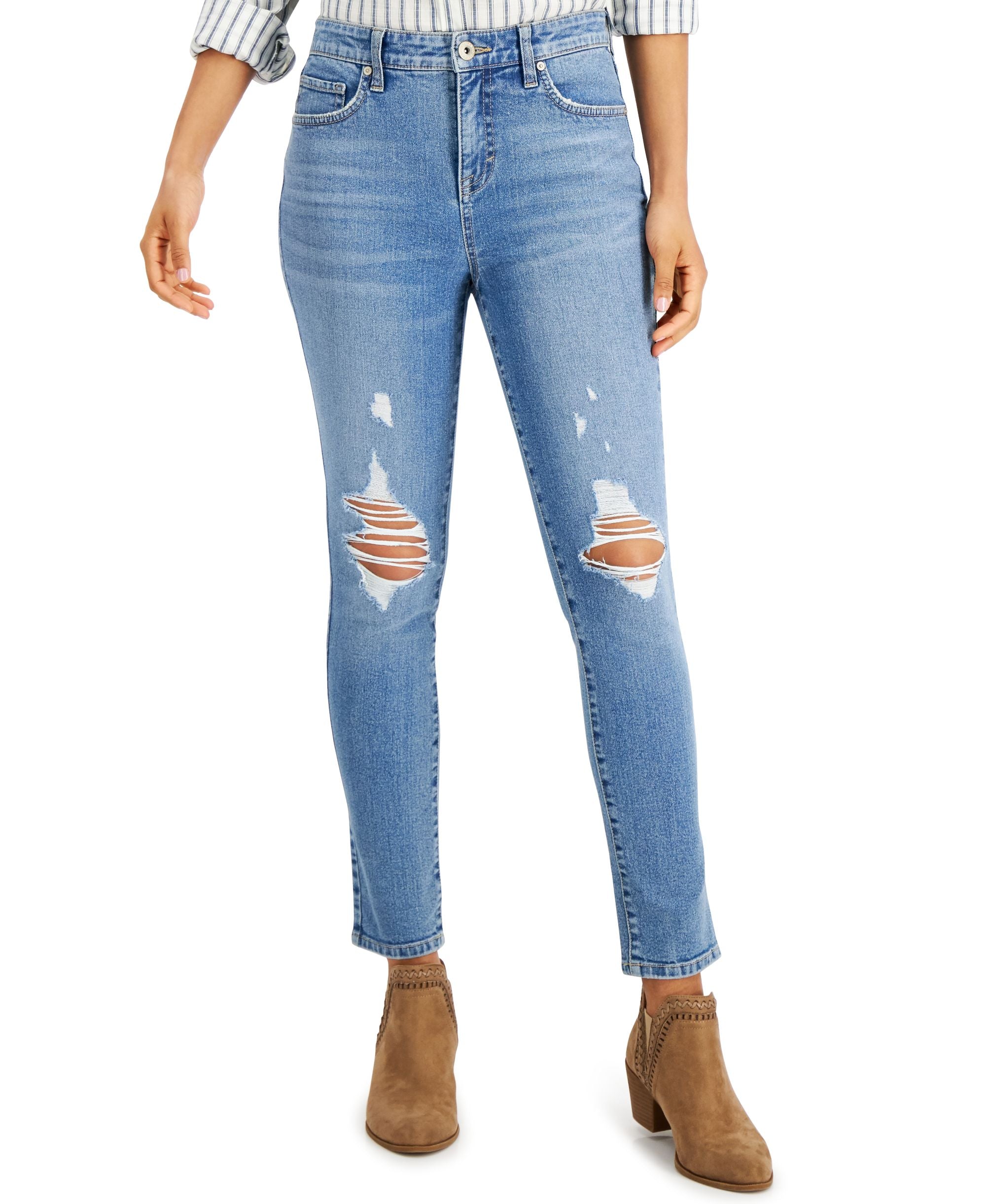 Style & Co Petite High Rise Distressed Skinny Ankle Jeans
