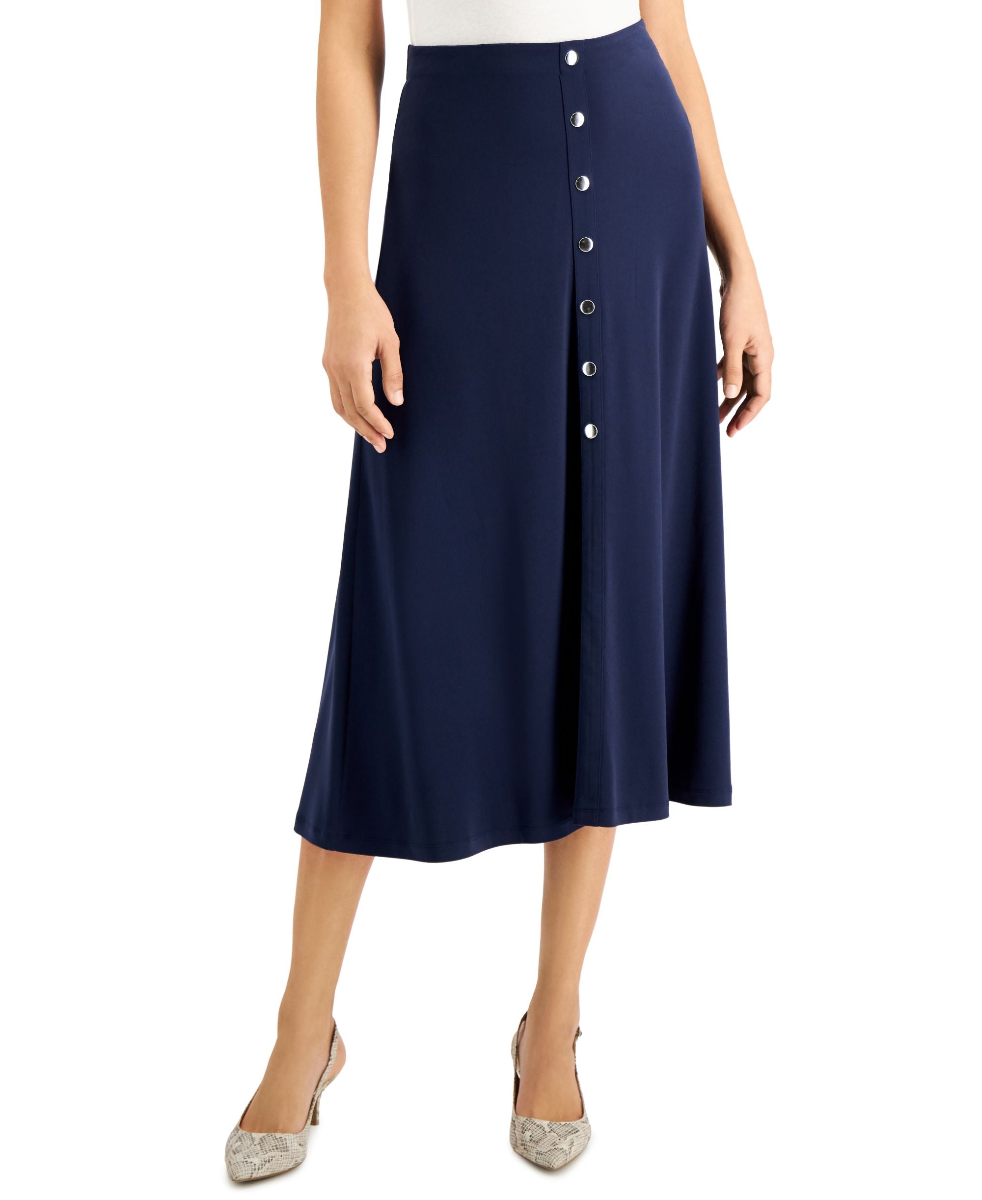 JM Collection Solid Button-Front Midi Skirt
