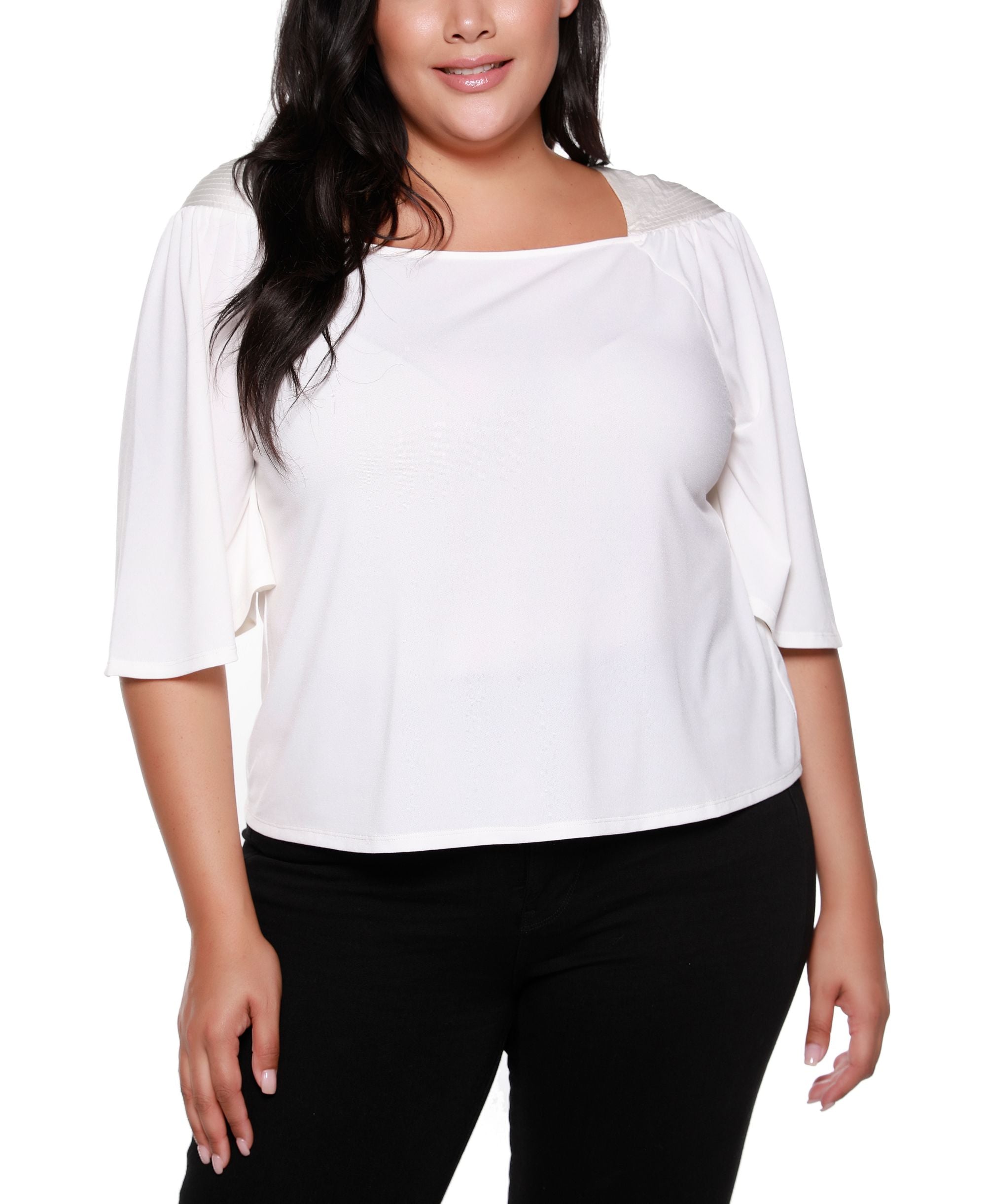 Belldini Black Label Plus Size Square-Neck Elbow Sleeve Top