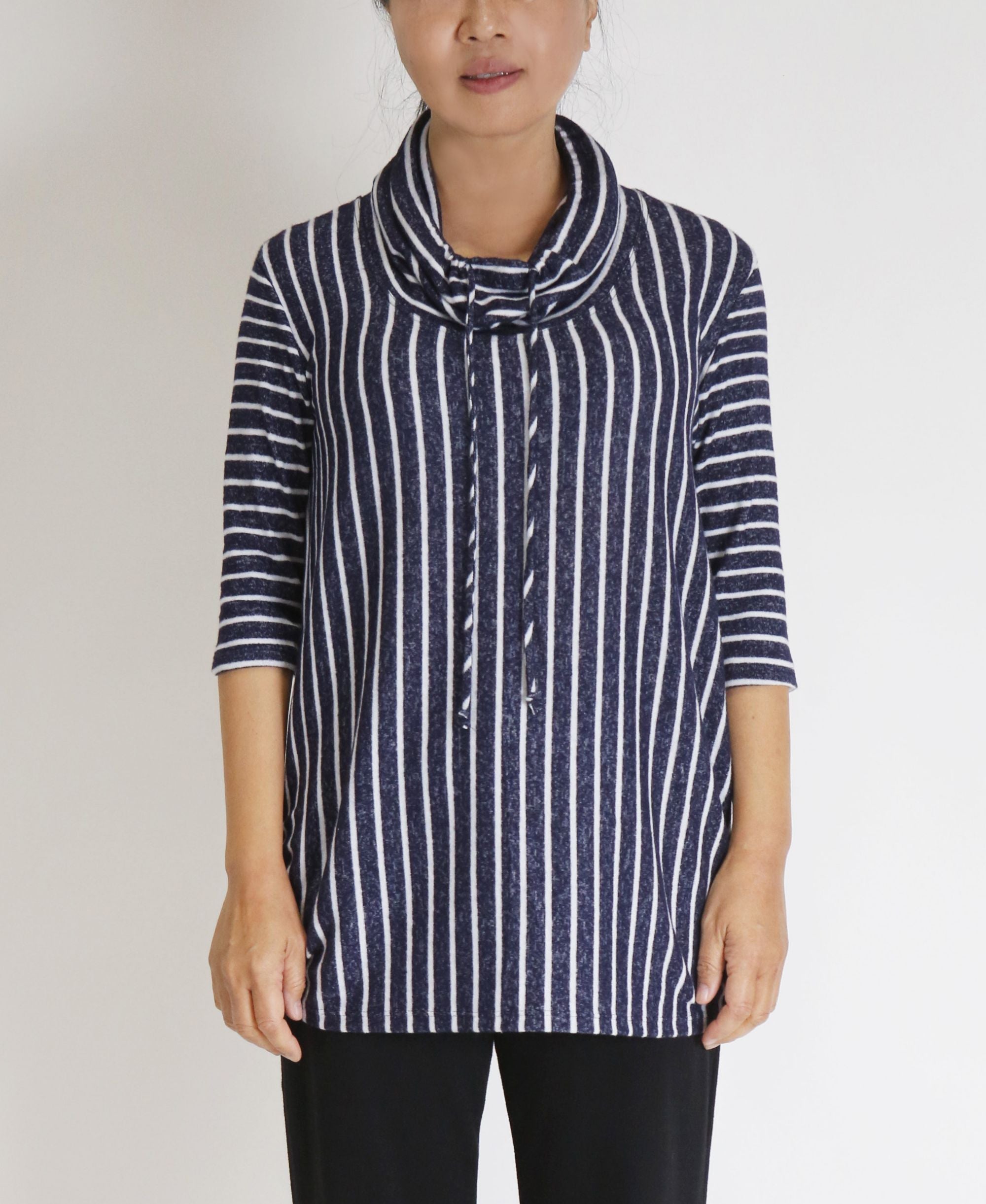 Womens Cozy Stripe Cowl Neck Side Ruched Top