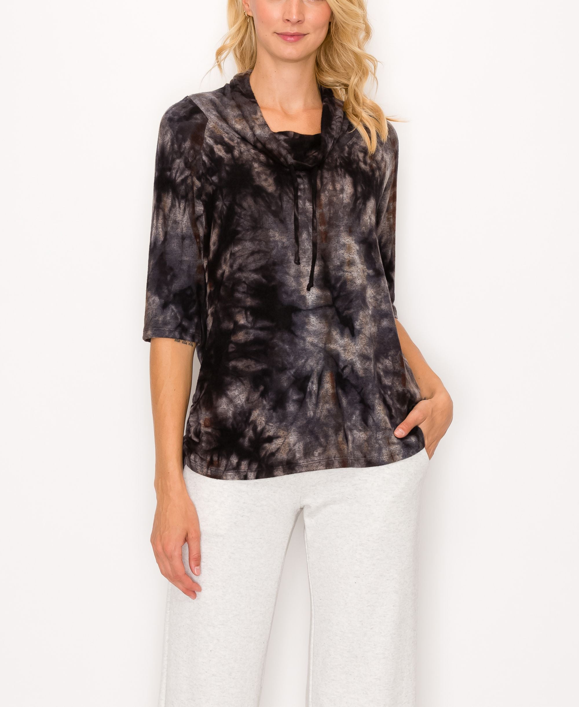 Womens Cozy Tie Dye Cowl Neck Side Ruched Top