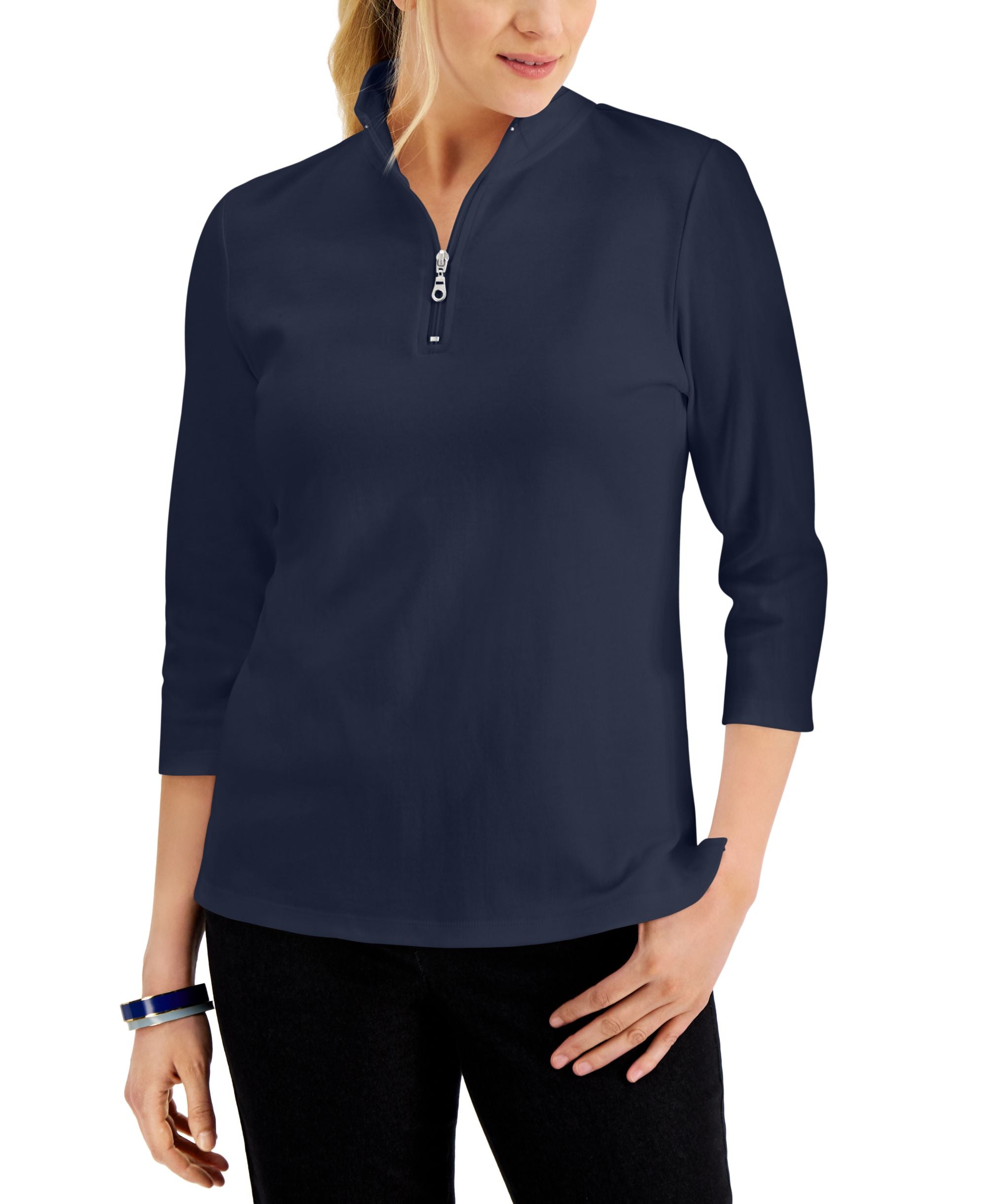 Karen Scott Cotton Zip Neck Top