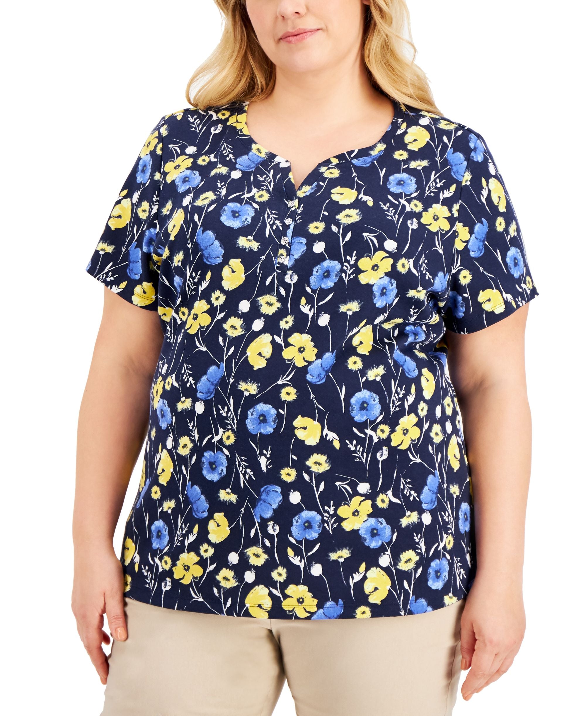 Karen Scott Plus Size Floral Print Henley T-Shirt