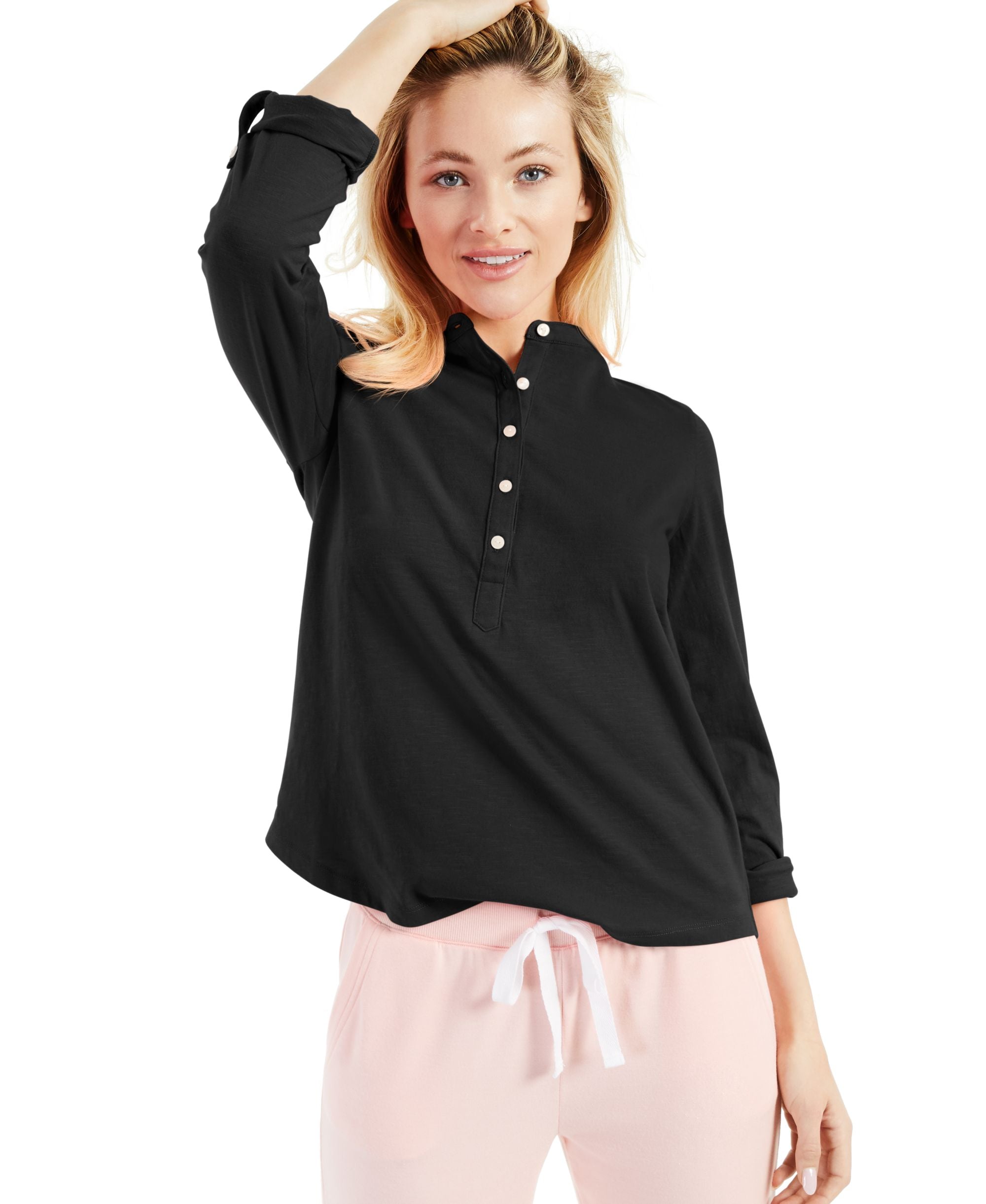 Style & Co Cotton Cuffed Sleeve Henley Top
