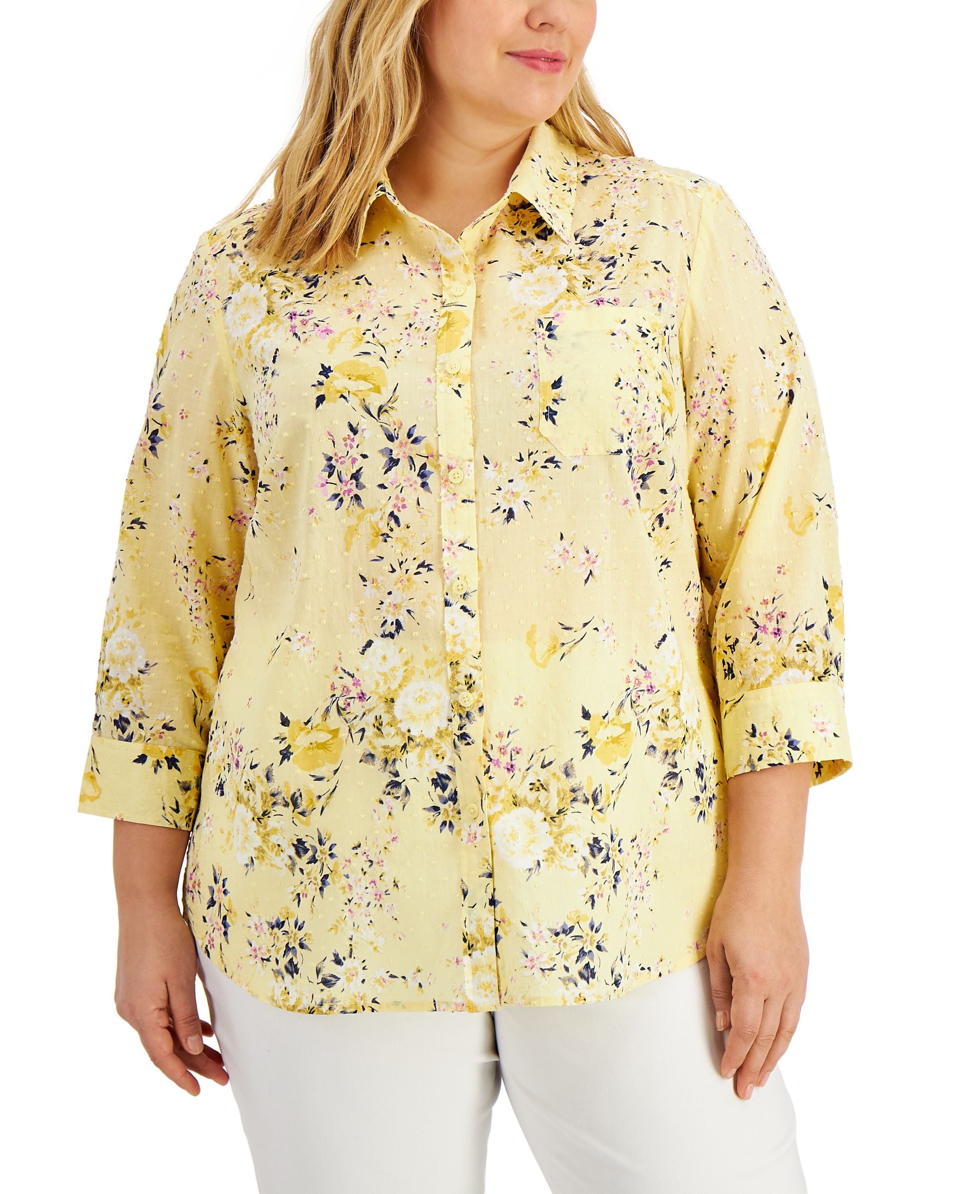 Karen Scott Plus Size Cotton Floral-Print Clip-Dot Top