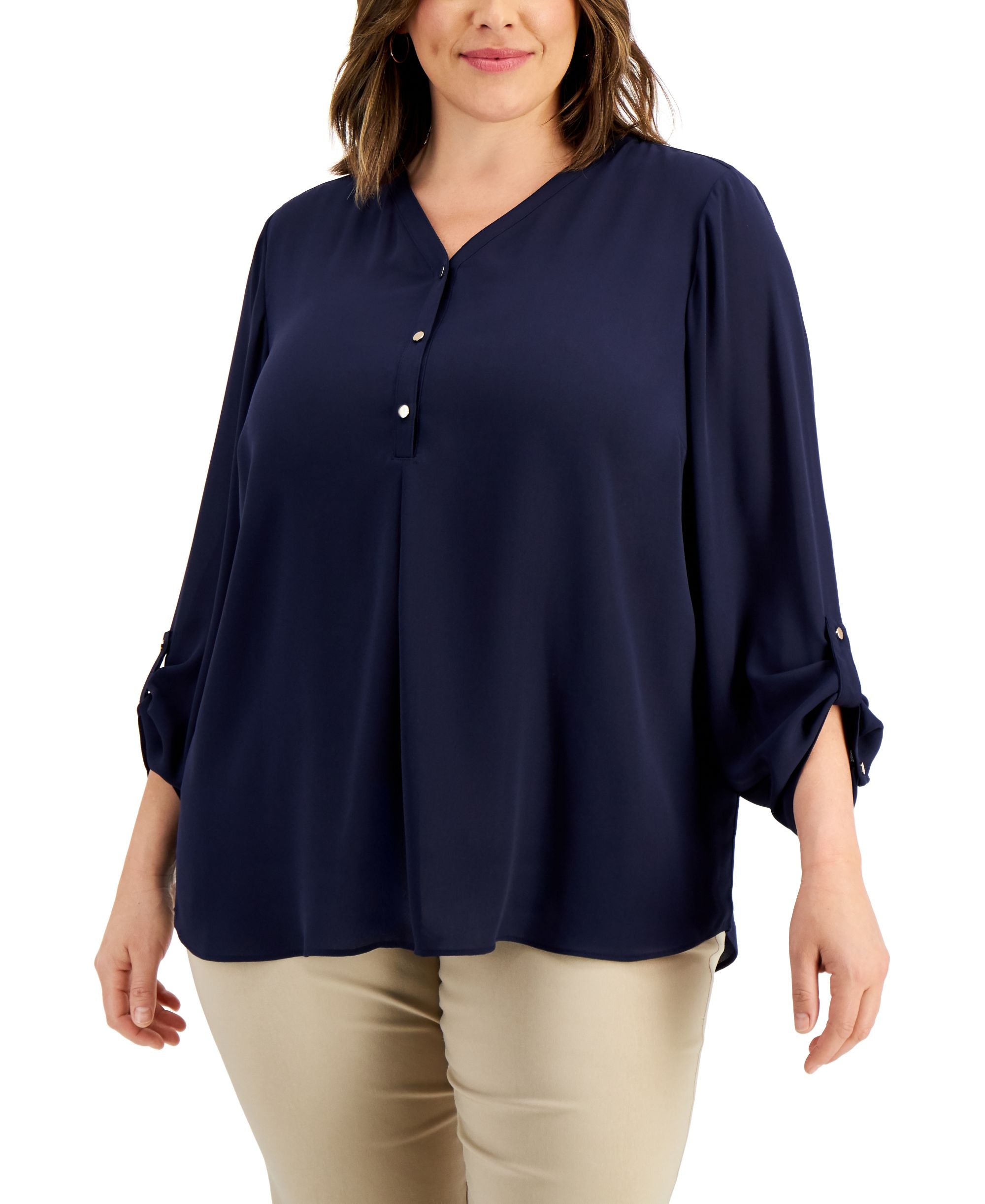 JM Collection Plus Size Roll-Sleeve Top