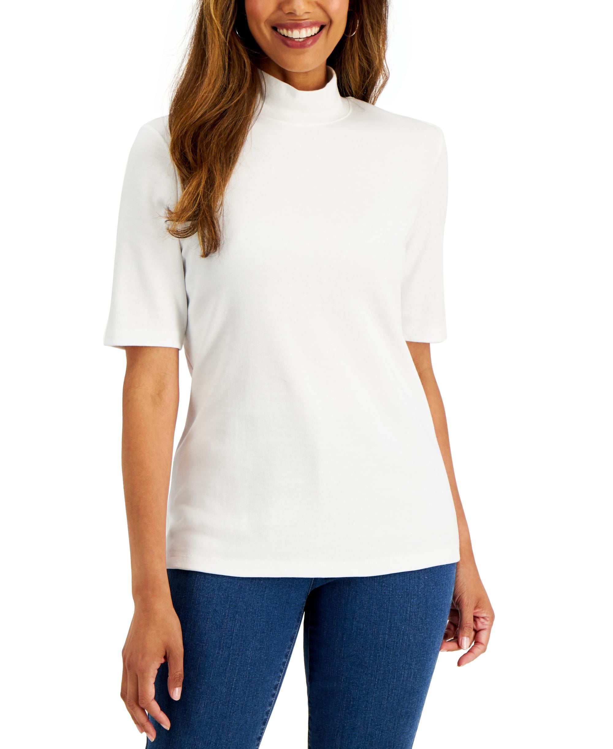 Karen Scott Petite Cotton Mock Neck Elbow Sleeve Top