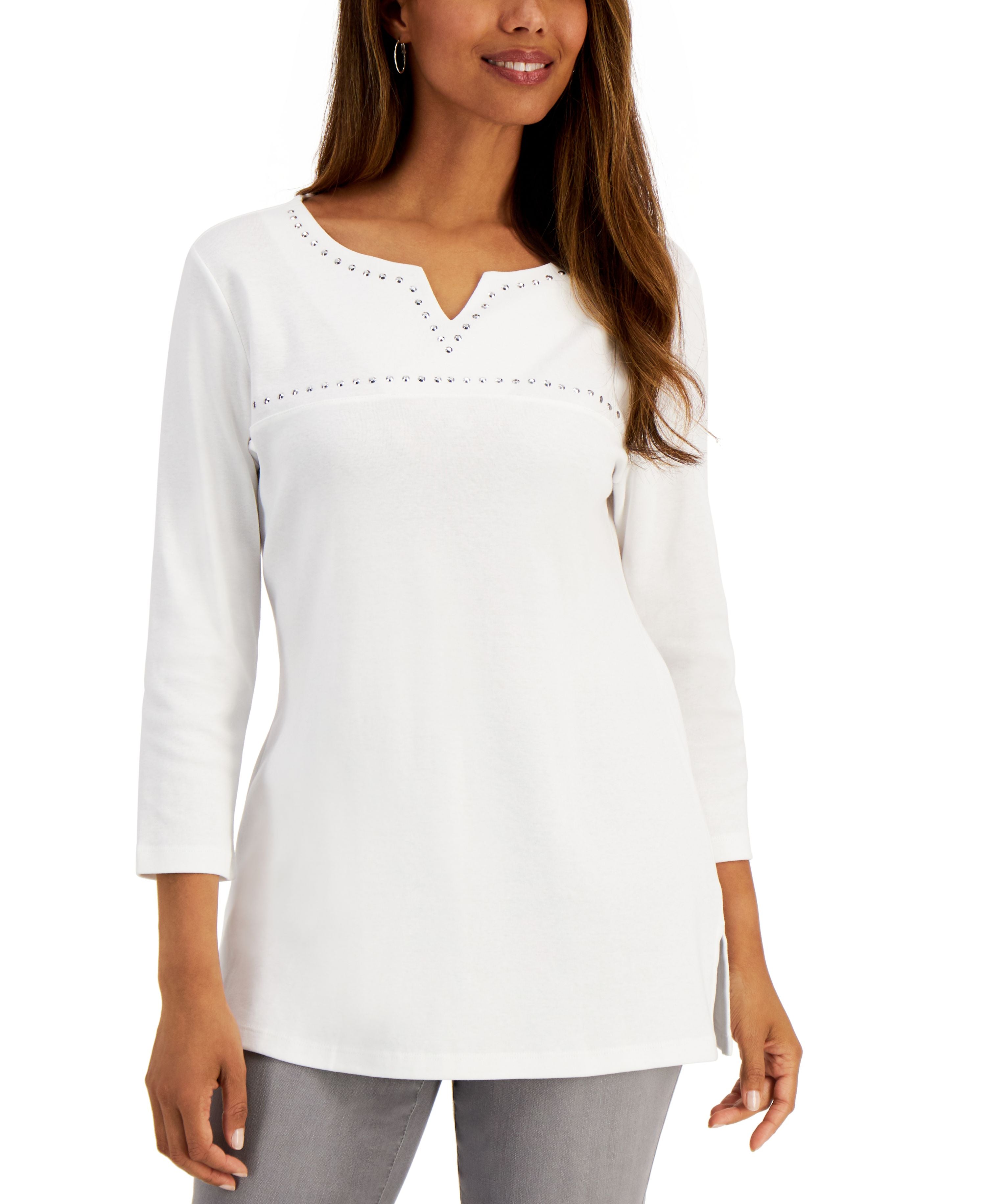 Cotton Studded Split-Neck Top