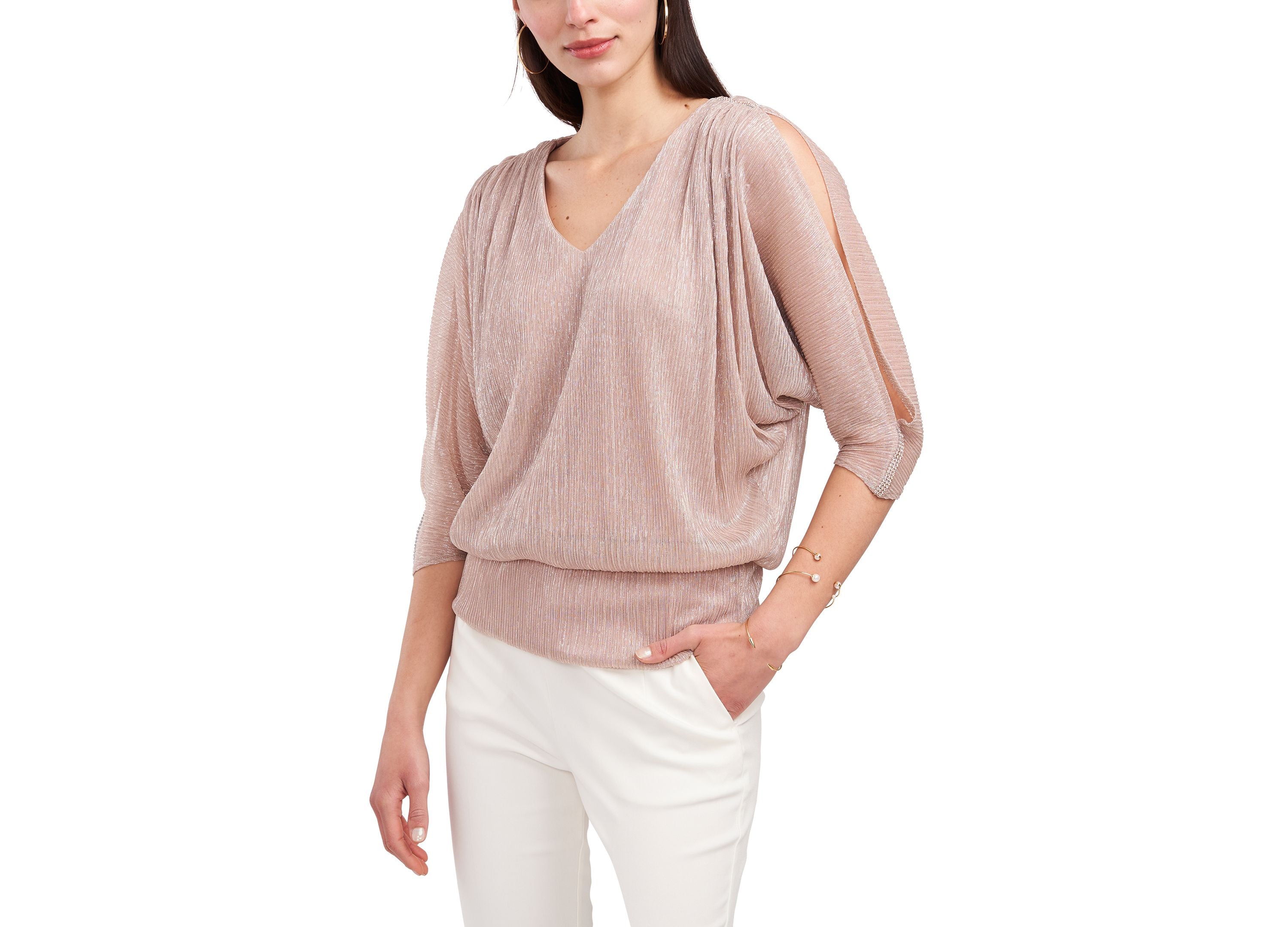 Split-Sleeve Metallic Blouson Top