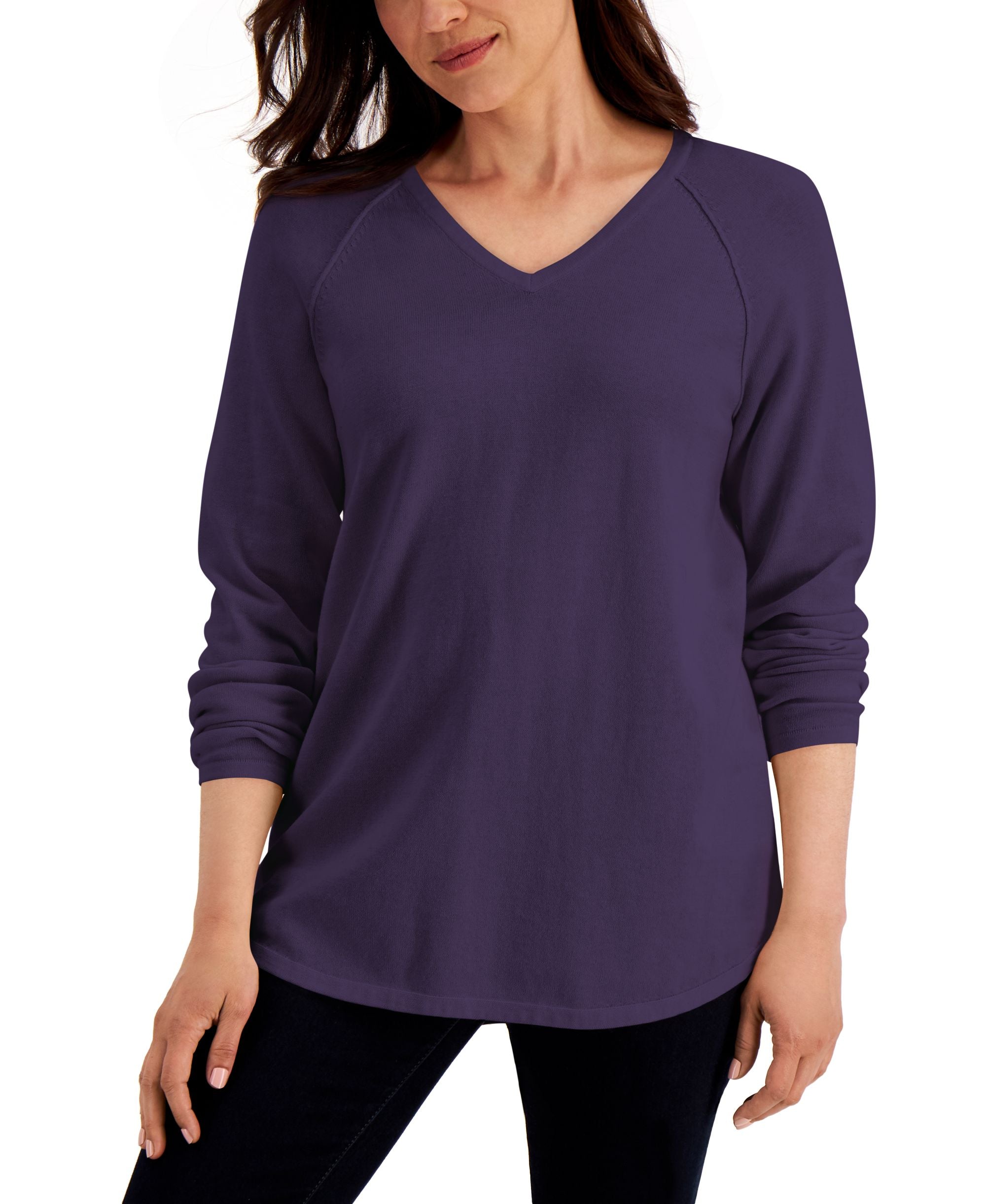 Karen Scott Solid V Neck Curved Hem Sweater