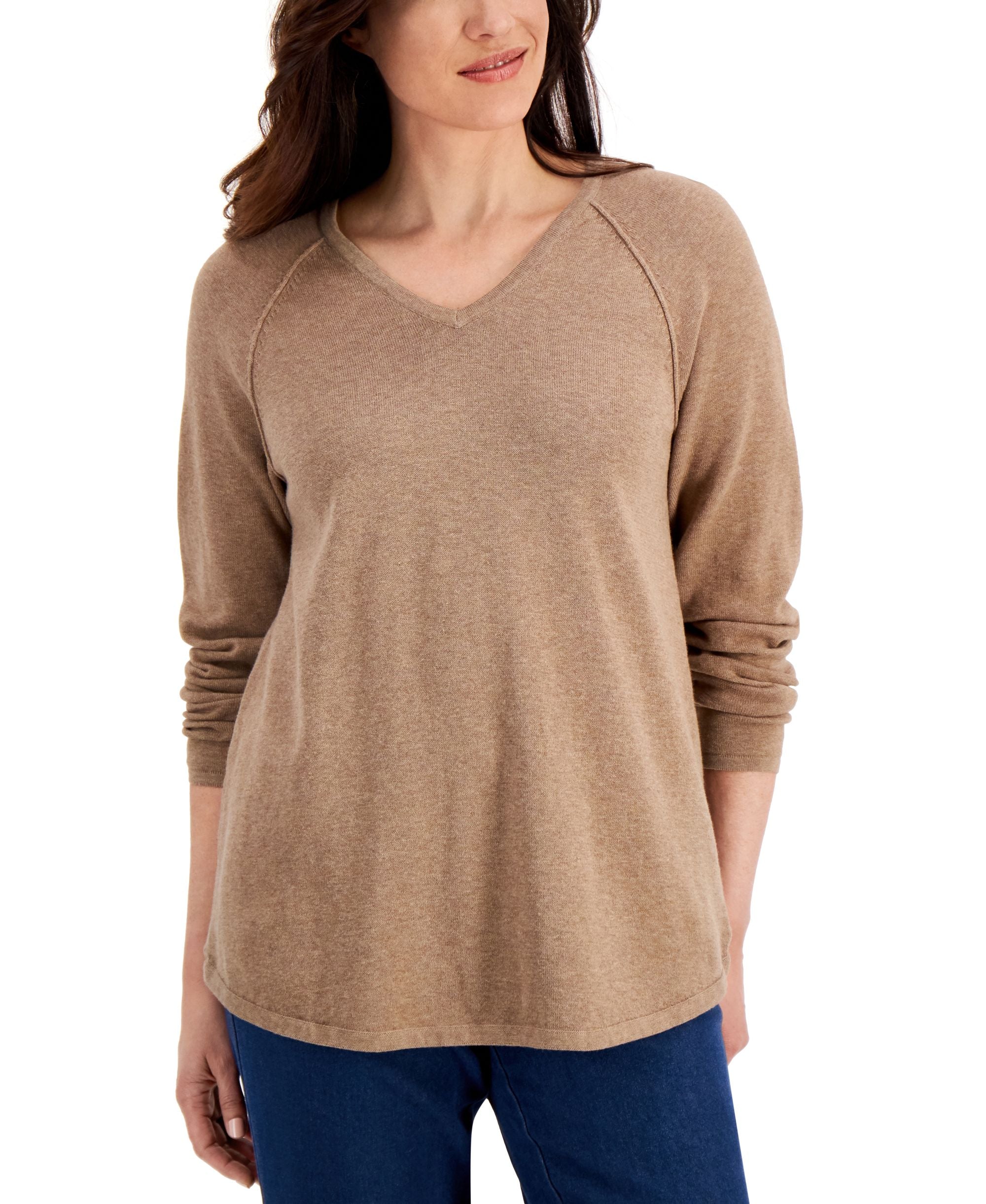 Karen Scott Solid V Neck Curved Hem Sweater