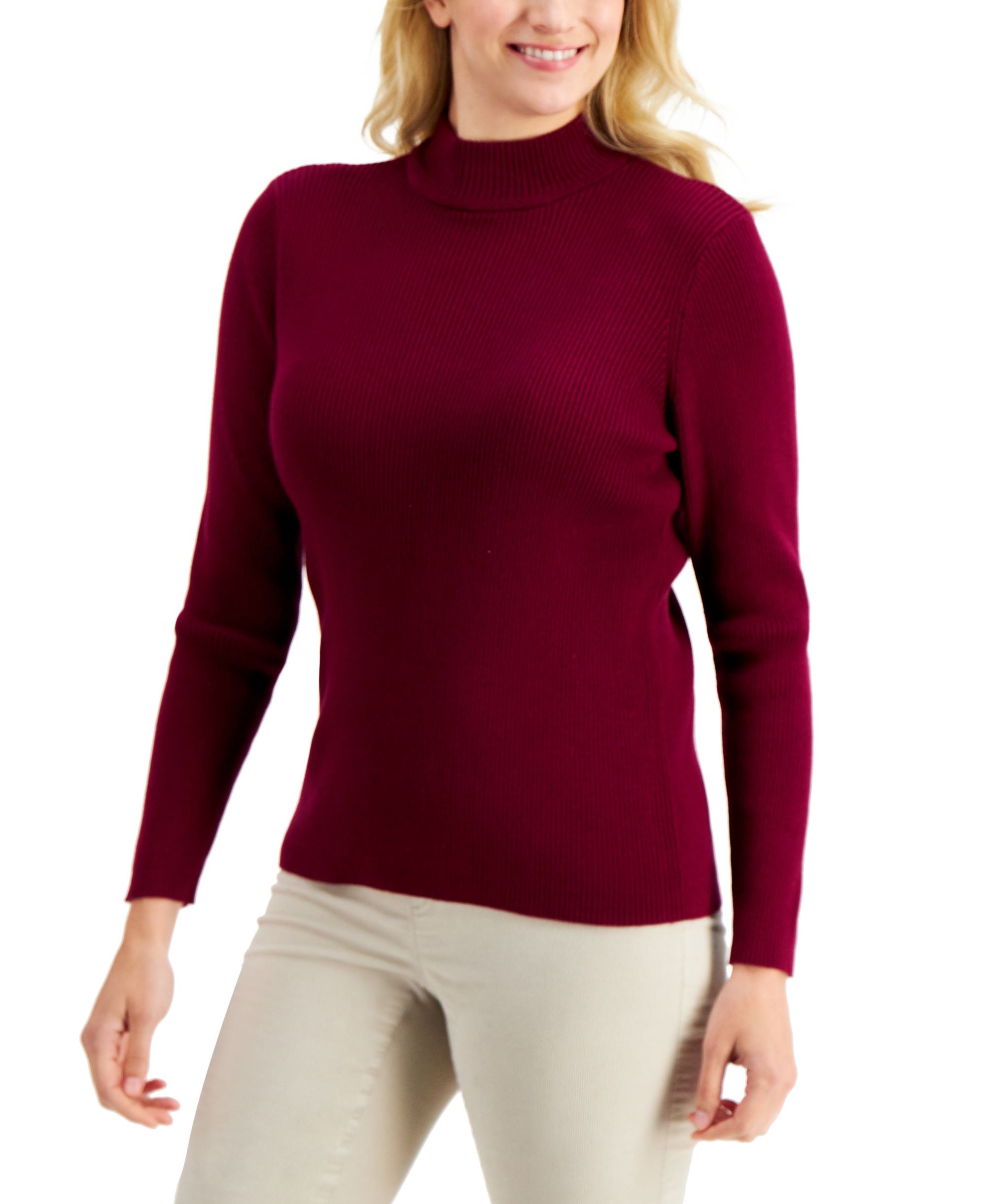 Karen Scott Petite Ribbed Mock Neck Cotton Sweater