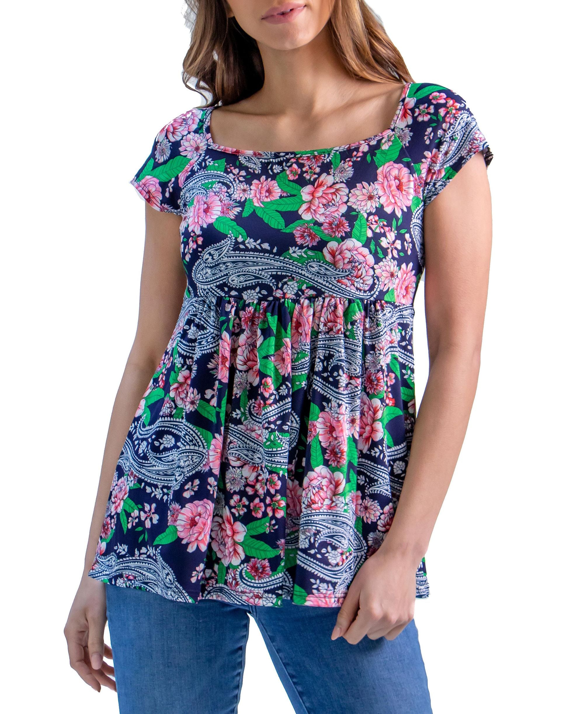 Womens Floral Print Cap Sleeve Babydoll Top
