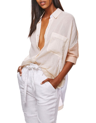 Free People Womens Colorblock Long Sleeves Button-Down Shirt, Pink (Large)