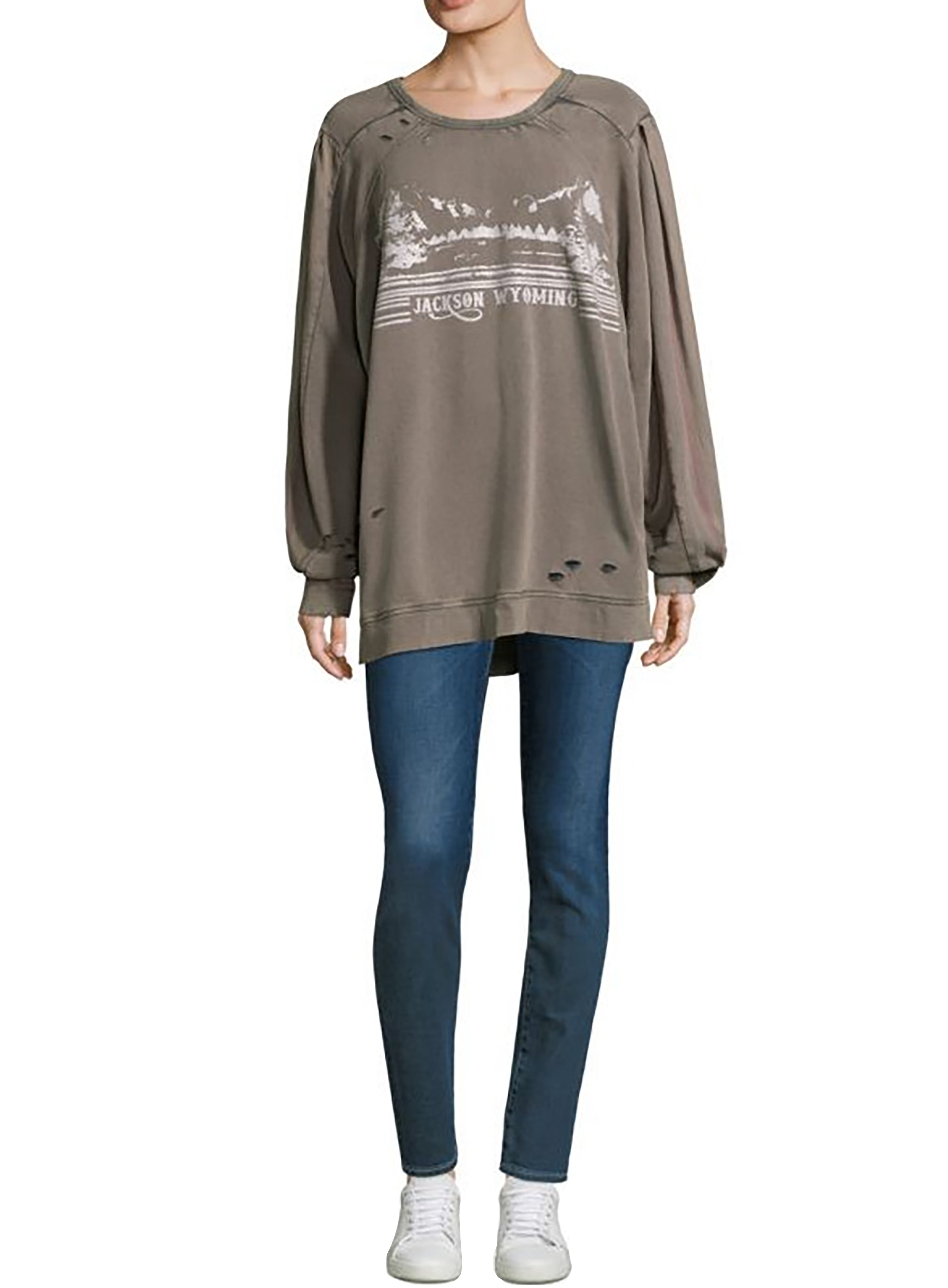 Free People Gray Jackson Wyoming Cotton Striped Ripped Graphic Sweatshirt GreyL