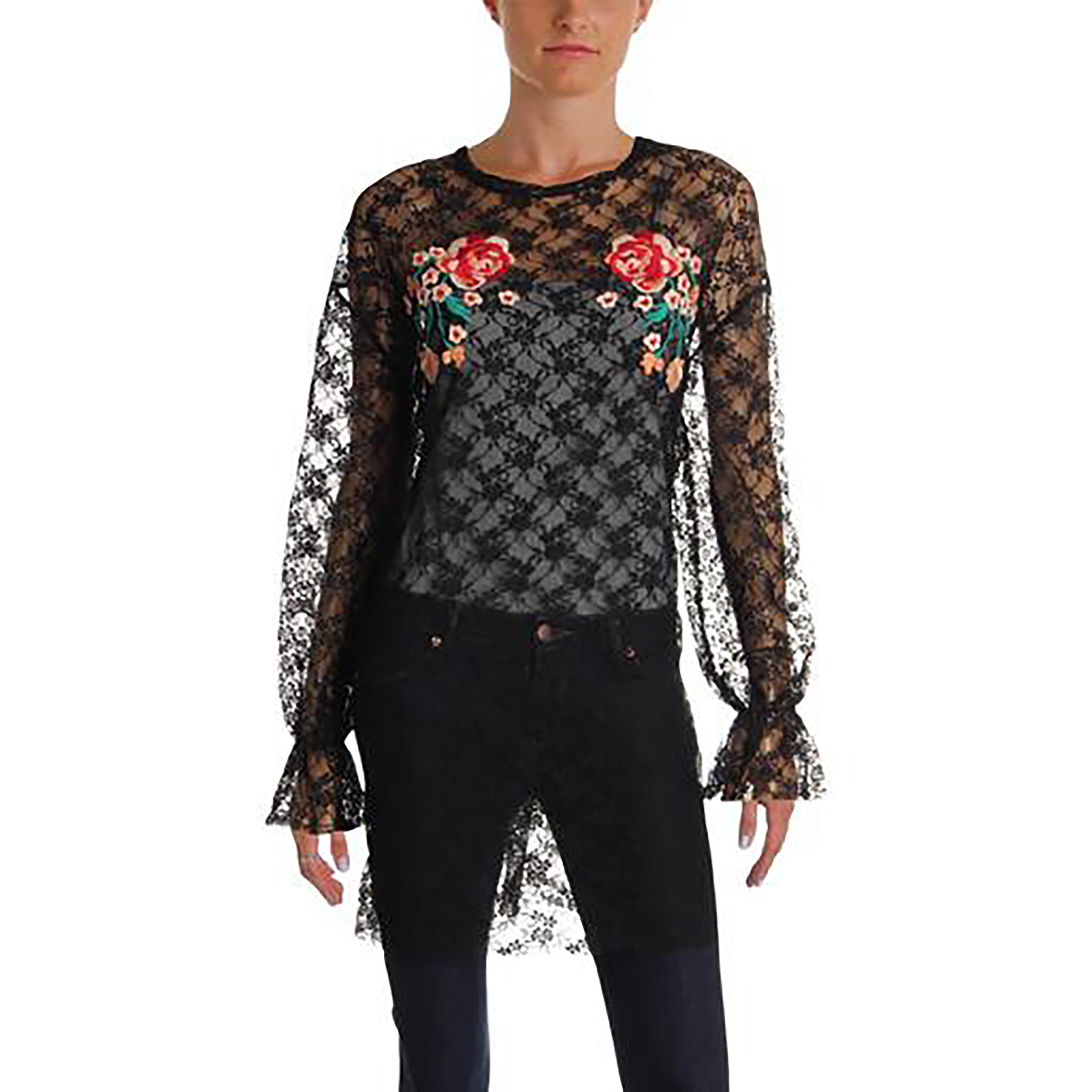 Free People Womens Fast Forward Lace Embroidered Tunic Top Black M