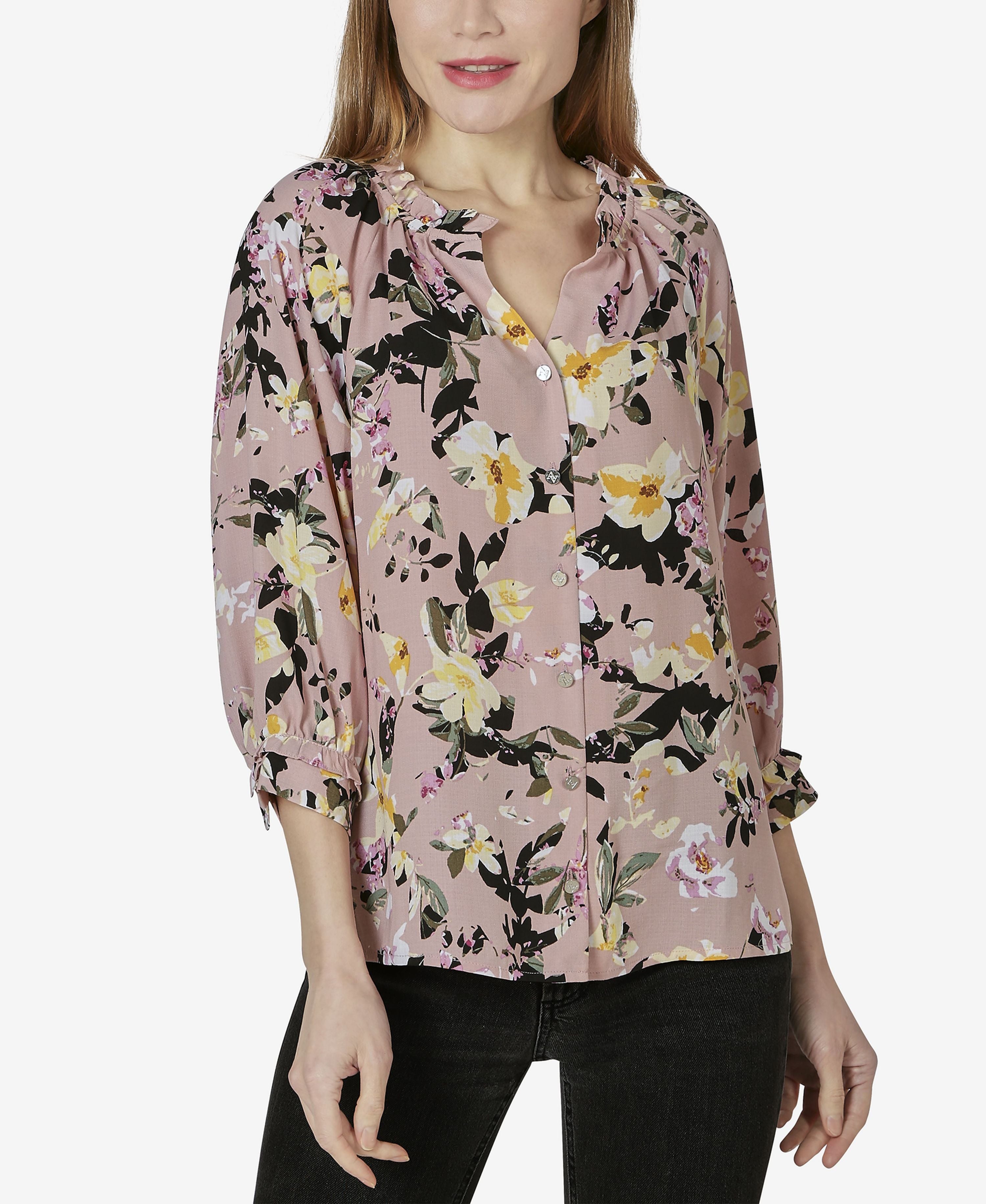 Women's 3/4 Sleeve Button Up Raglan Top with Ruffle Neck