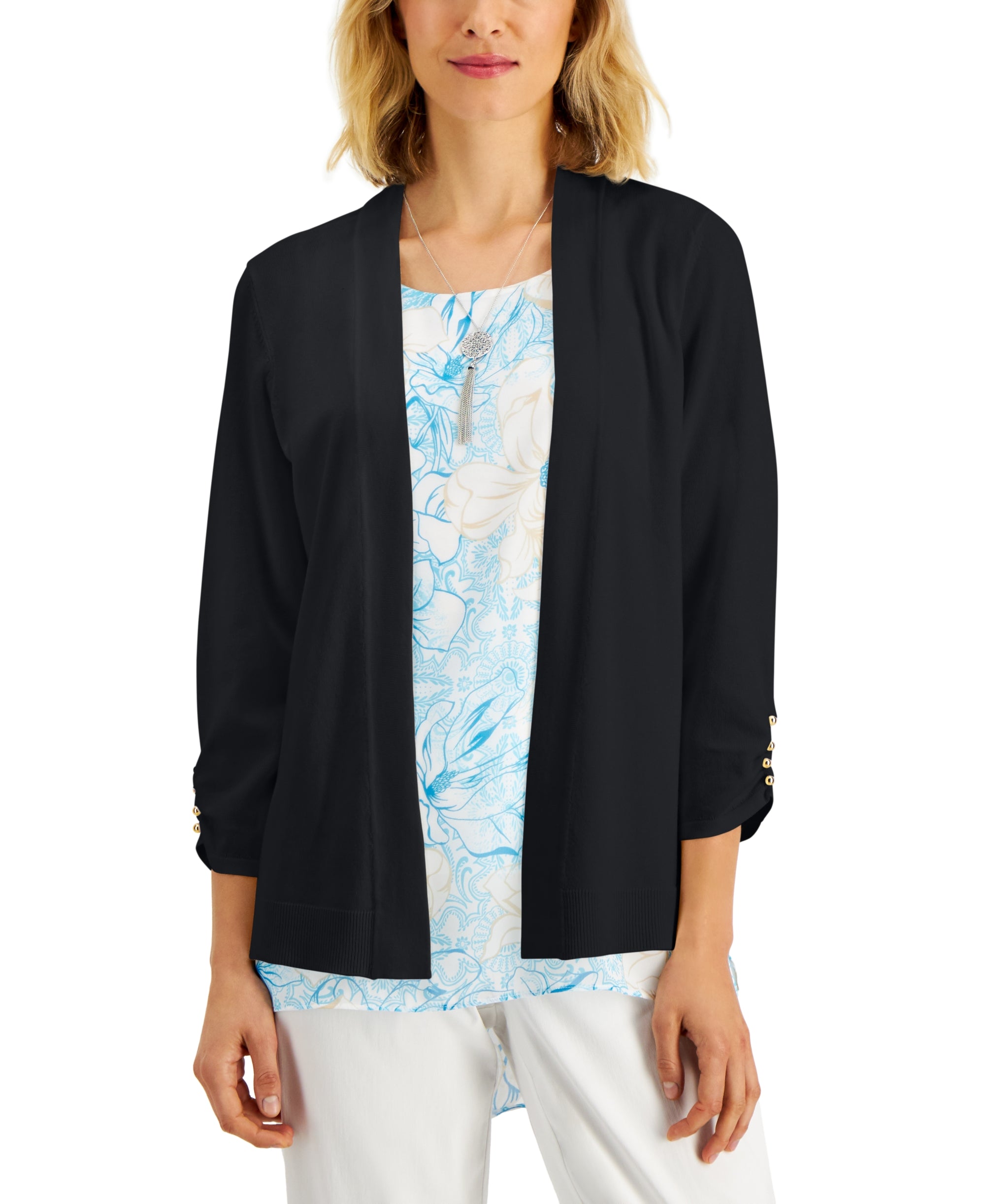 Women's Solid Beaded Cuff Cardigan Deep Black M