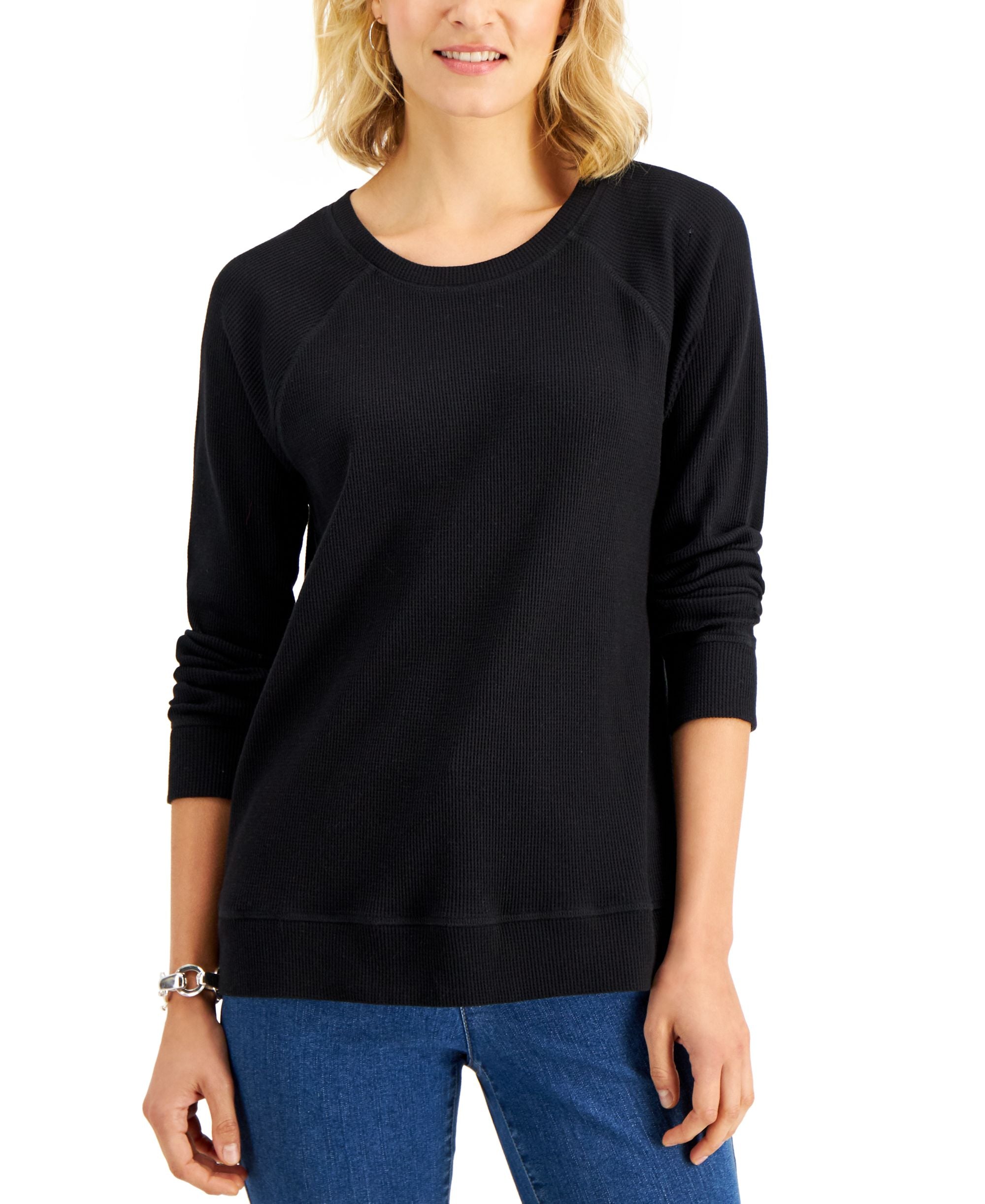 Karen Scott Mini Waffled Crewneck Top