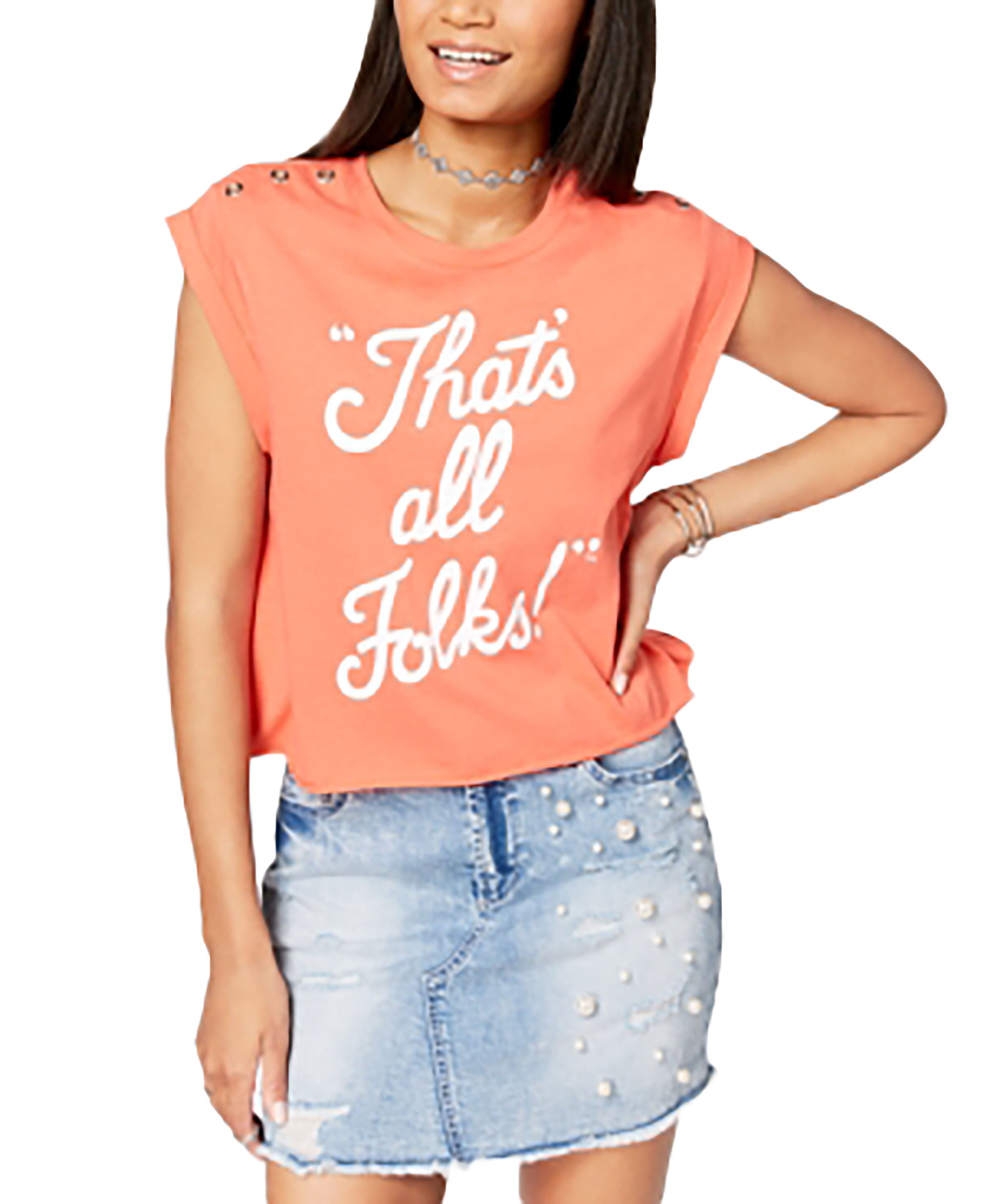 Love Tribe Juniors' That's All Folks Grommet Graphic T-Shirt Porcelain Rose M