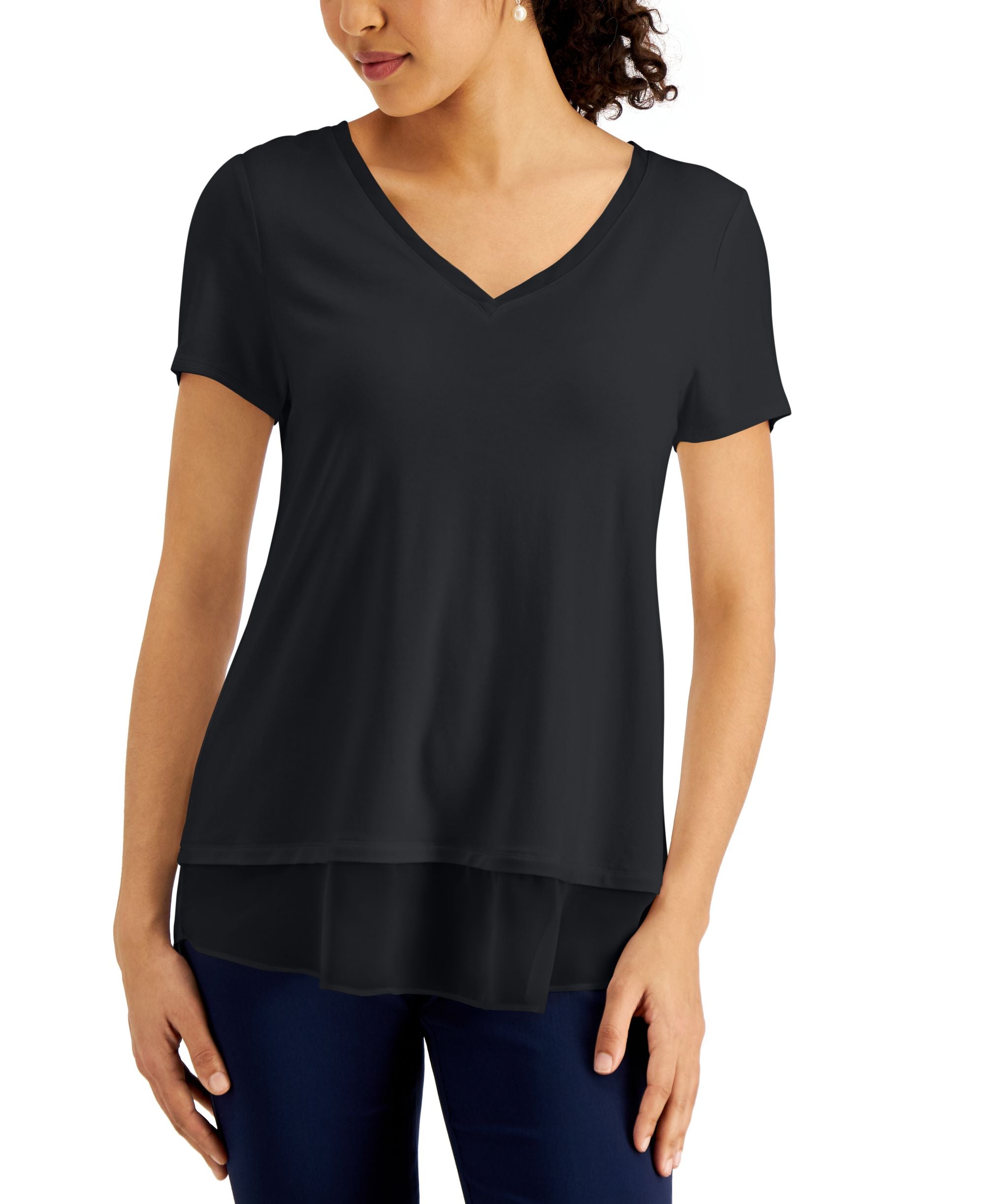 JM Collection V Neck Sheer Hem Top
