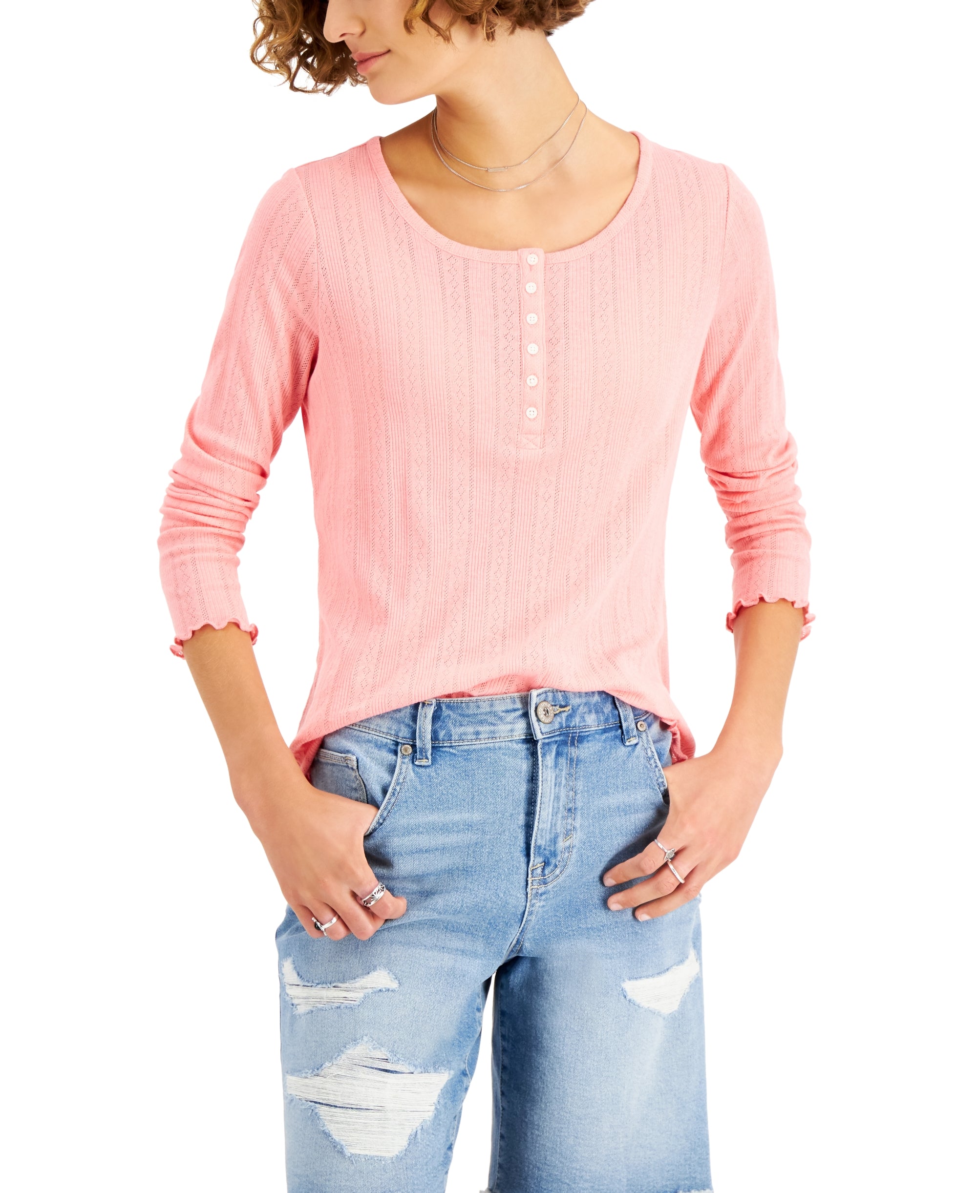 Pointelle-Knit Henley Top Antique Peach XL