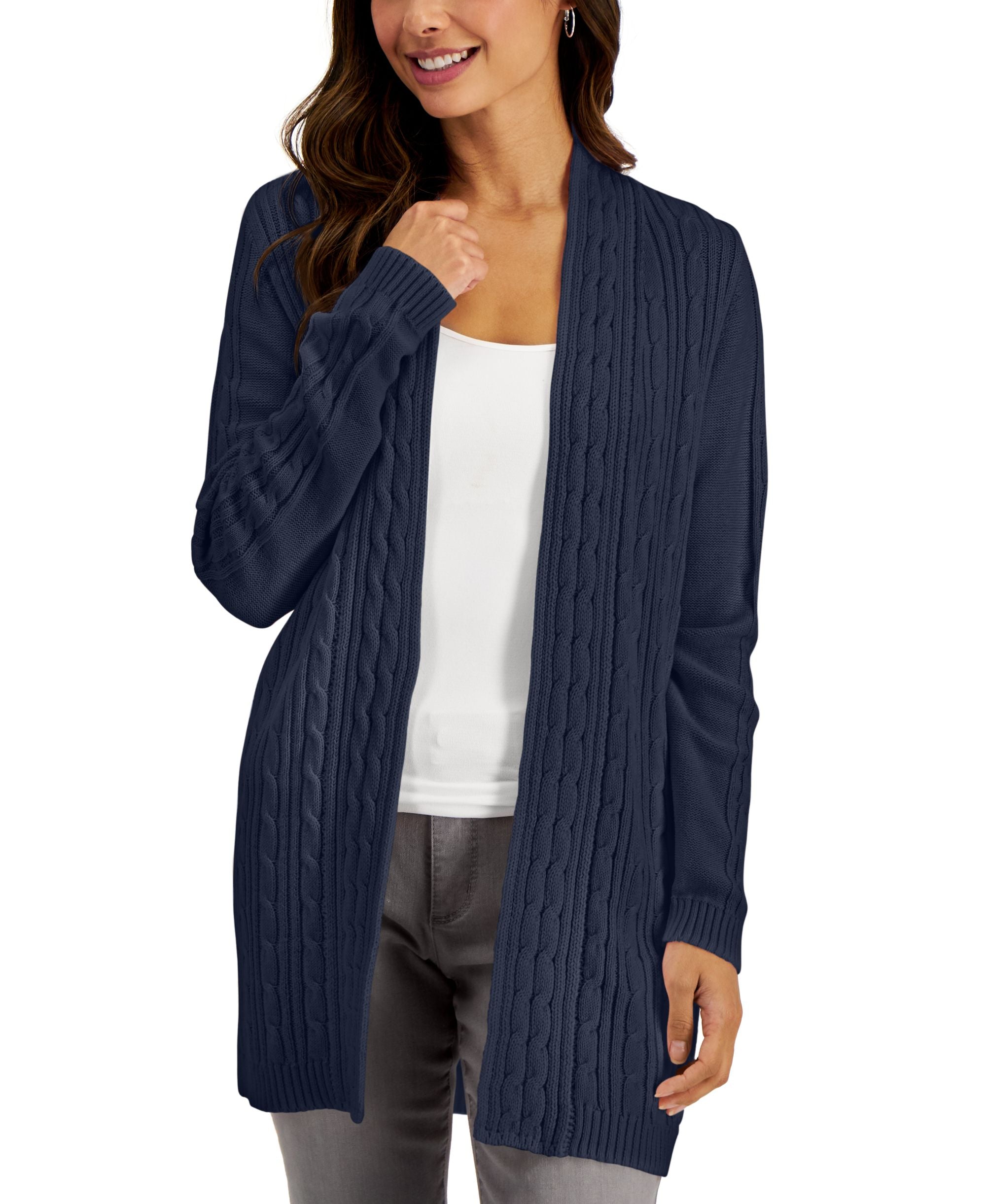 Karen Scott Cotton Cable Knit Open Cardigan