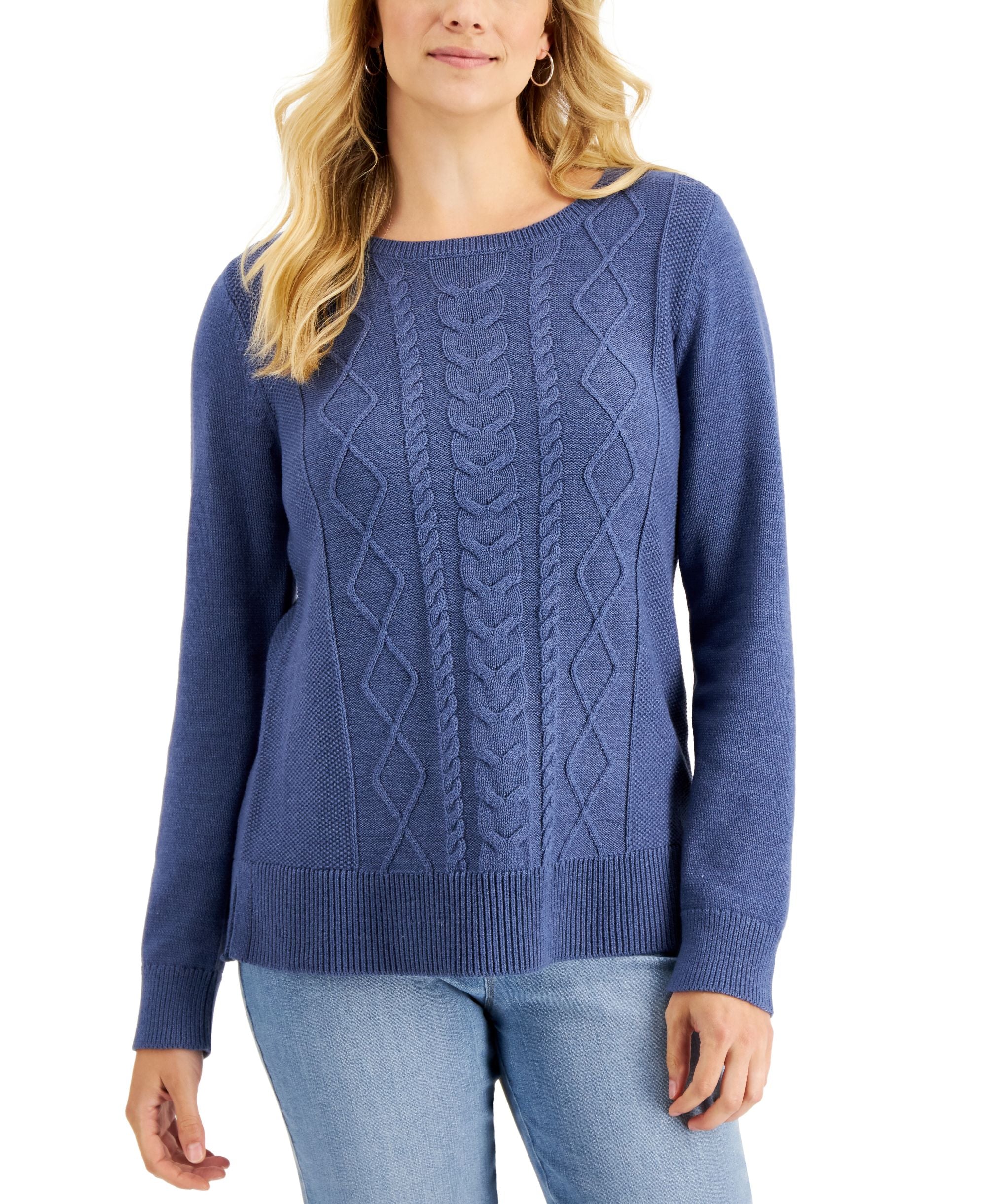 Karen Scott Cotton Diamond Stitch Cable Knit Sweater