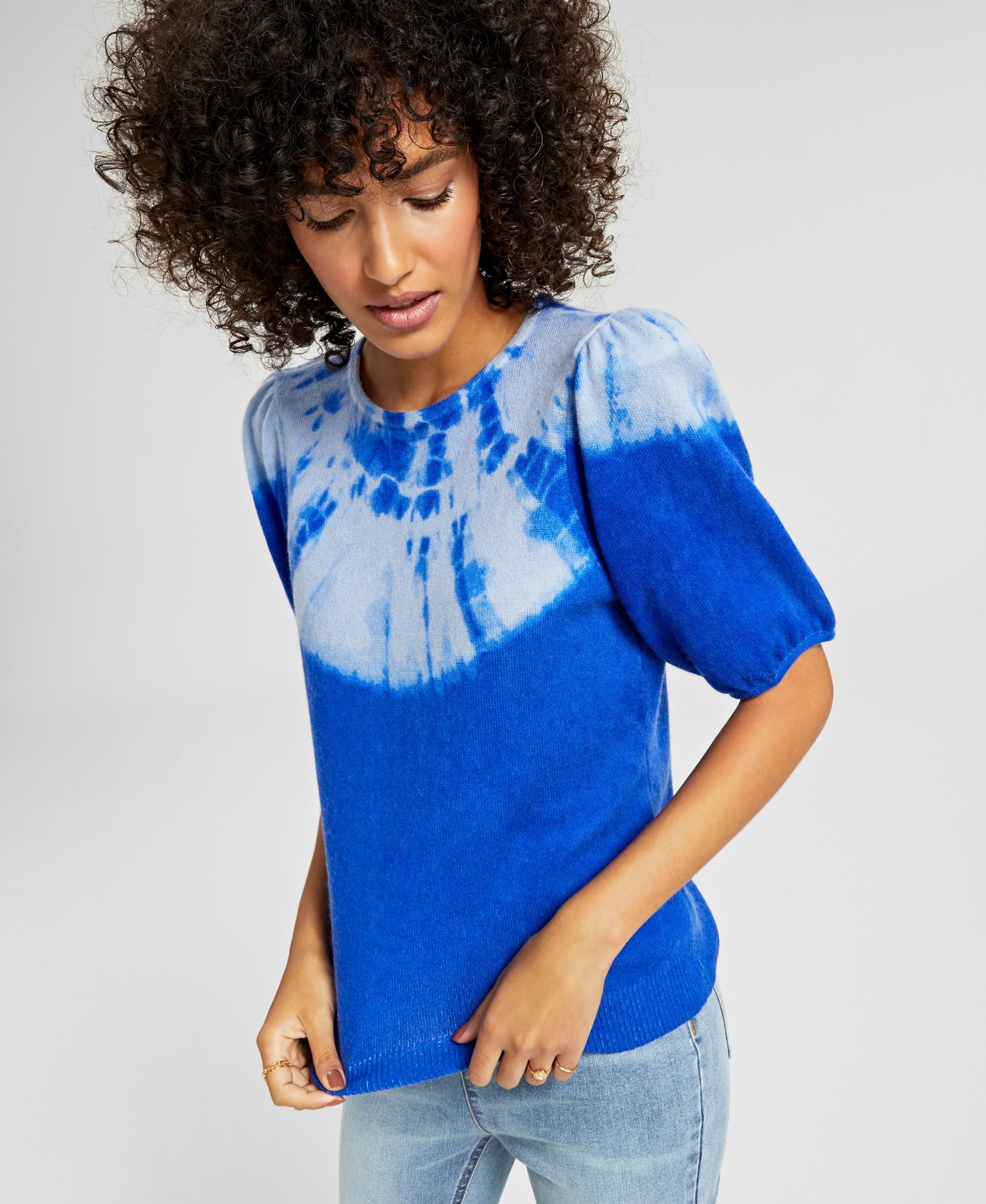 Charter Club Cashmere Tie Dyed Puff Sleeve Sweater