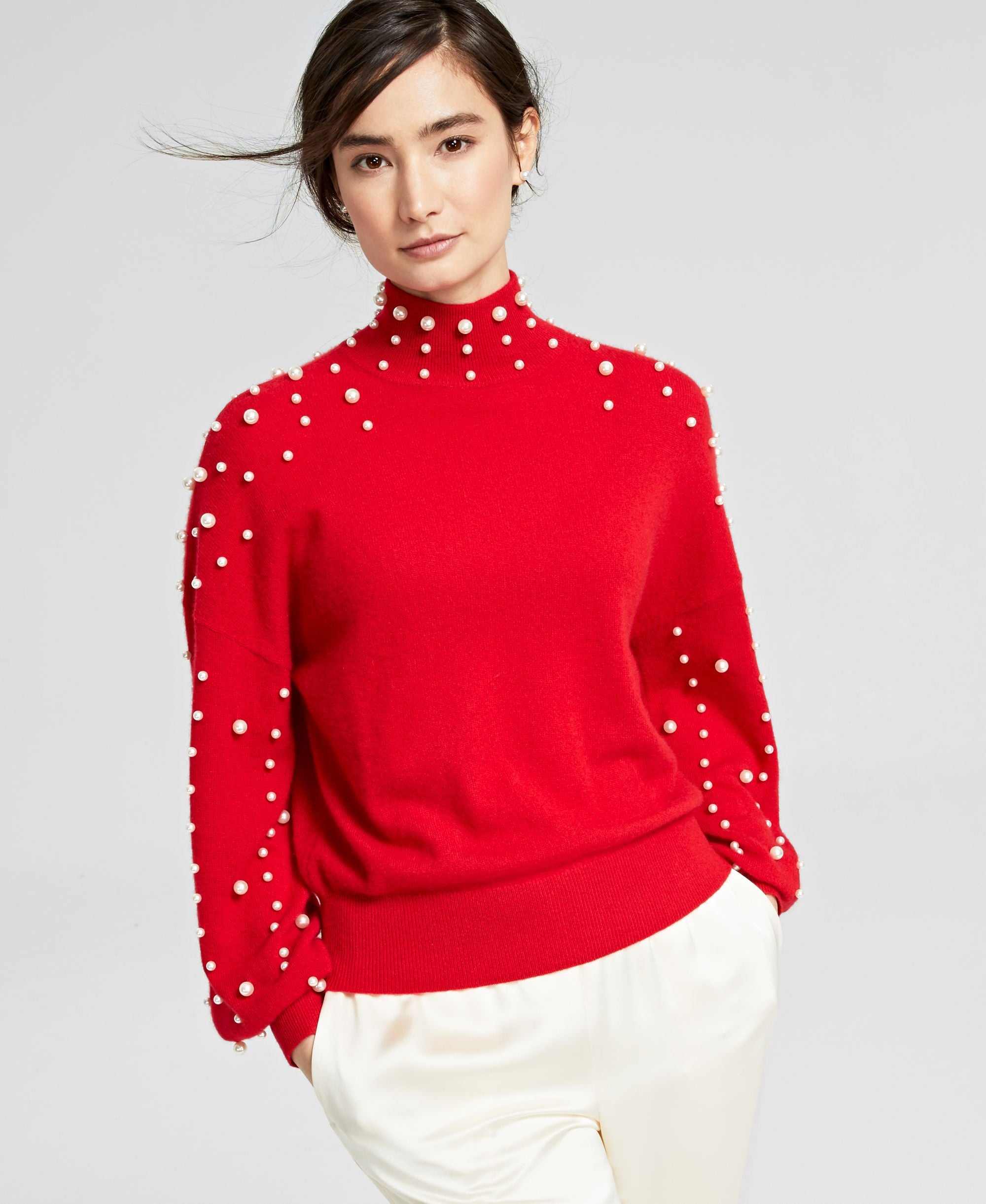Charter Club Womens Cashmere Pearl Mock Neck Sweater