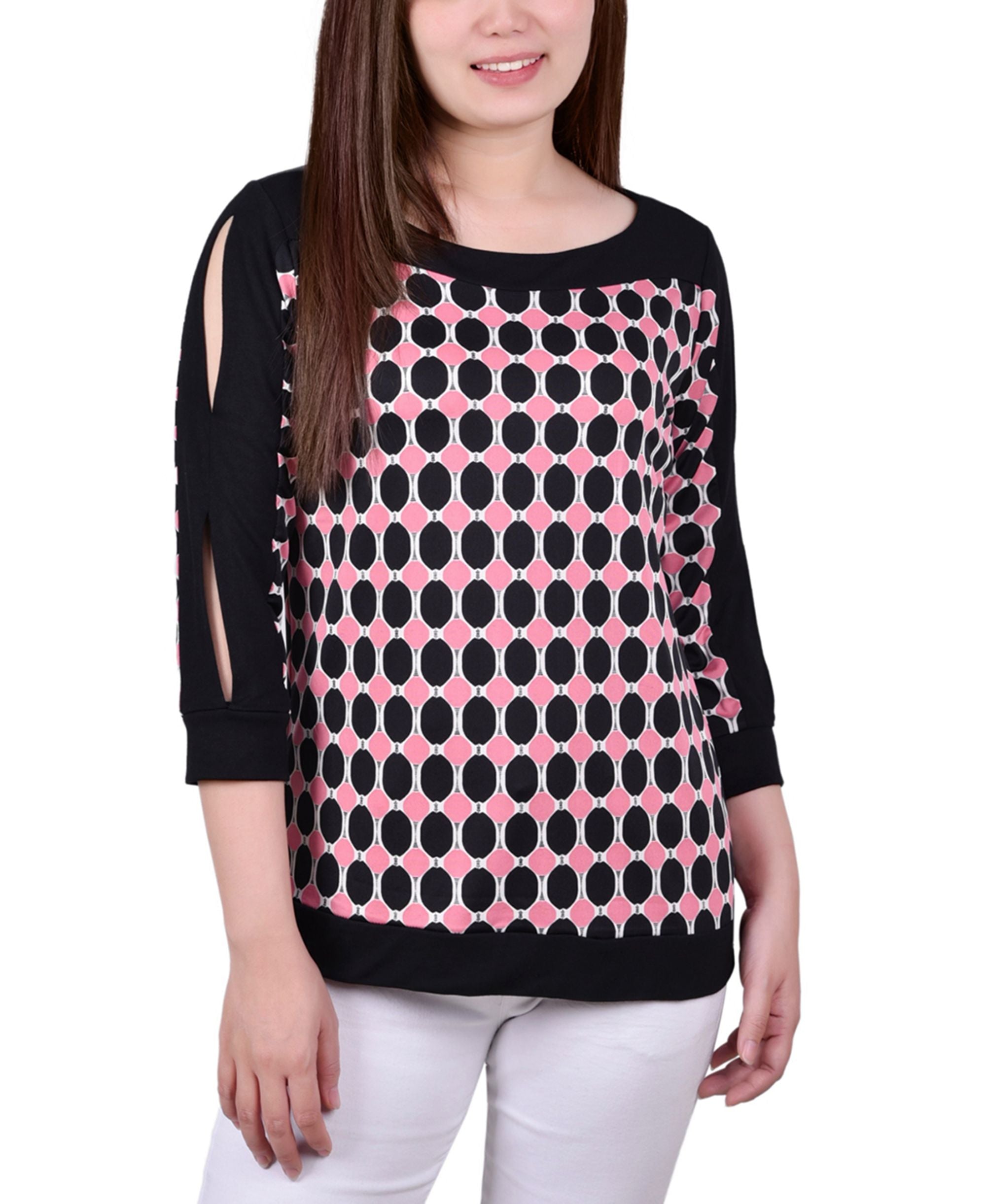 NY Collection Petite Contrast Band Tunic With Sleeve Cut Outs
