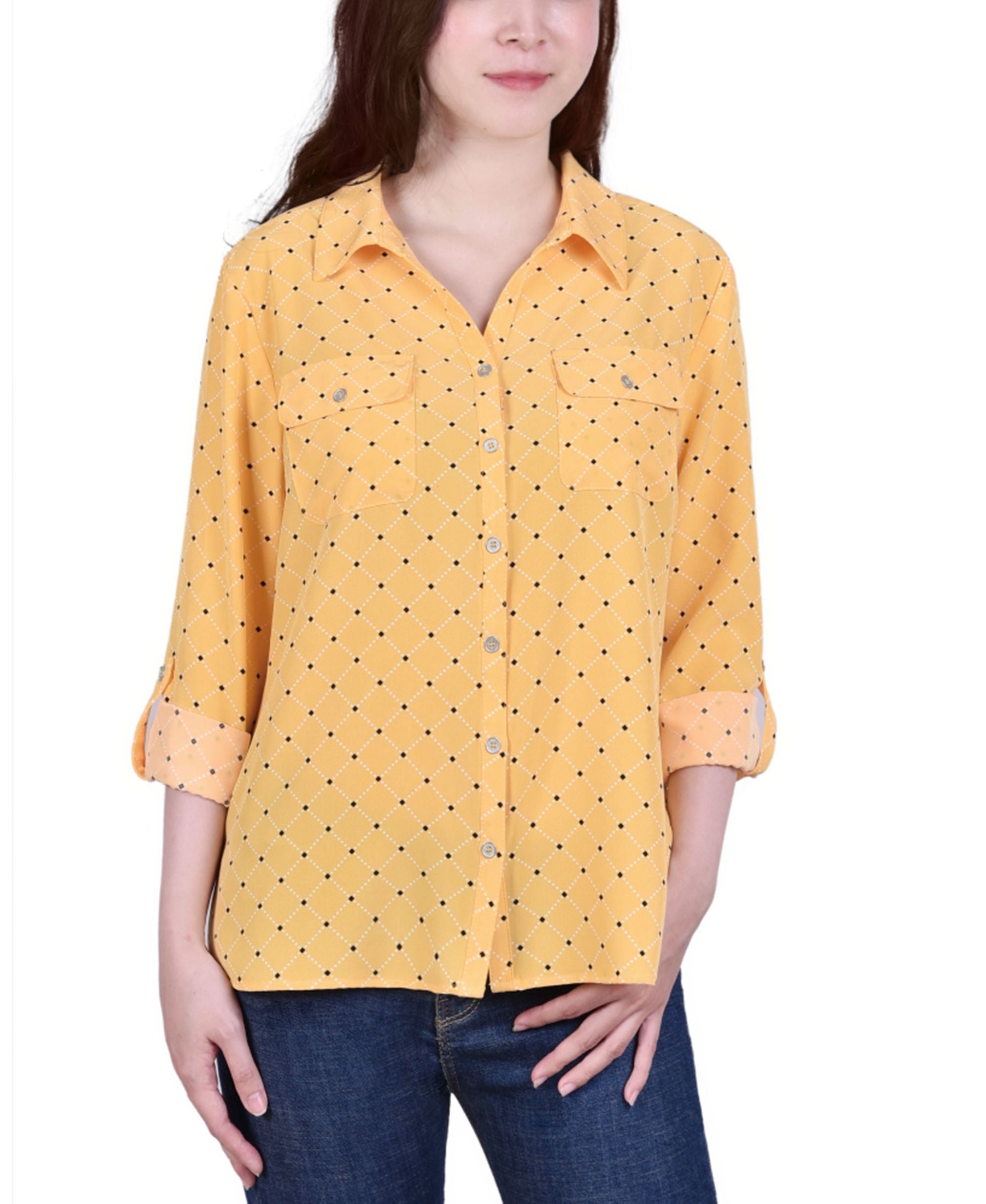 Petite 3/4 Sleeve Roll Tab Notch Collar Blouse