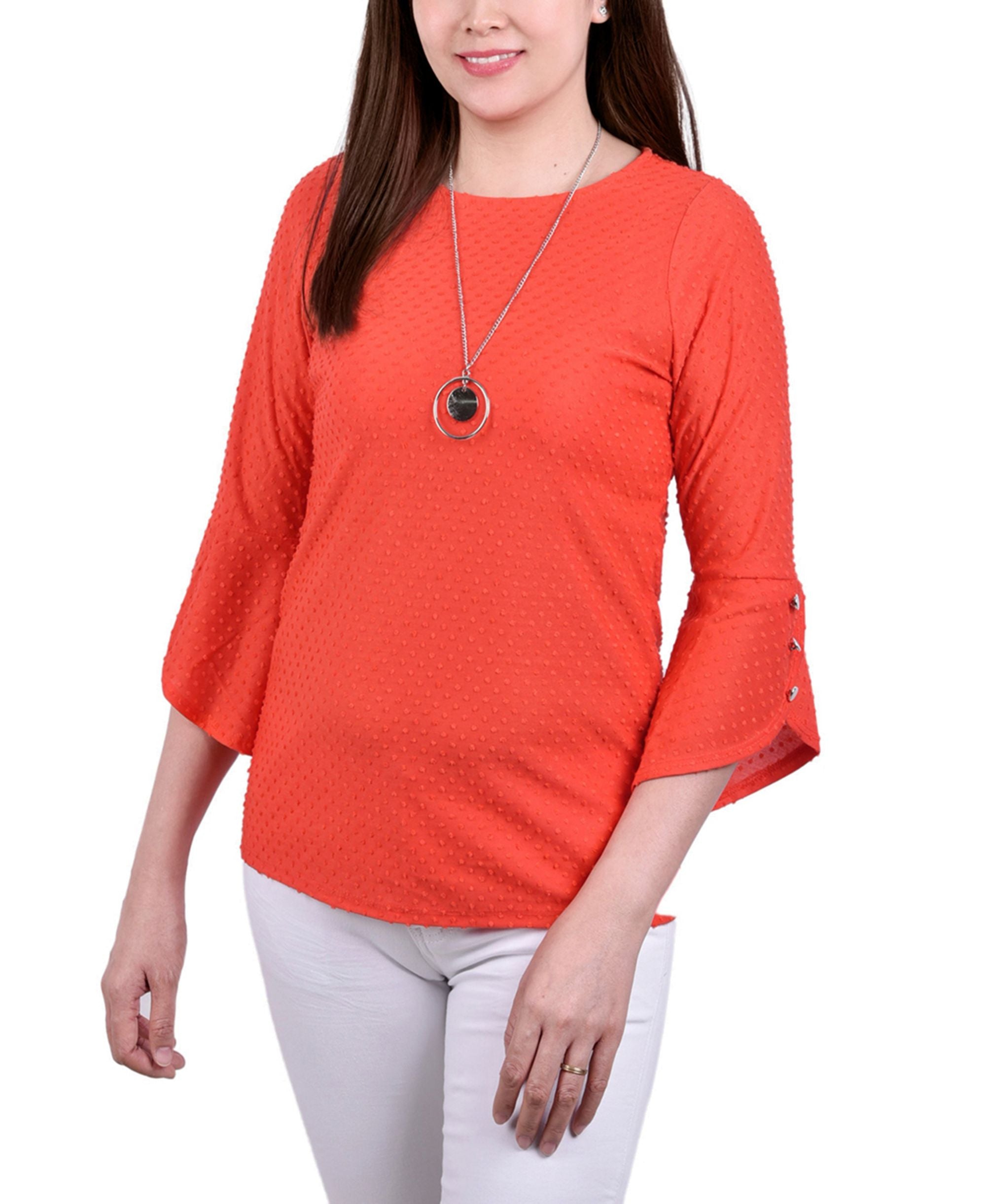 NY Collection Petite 3/4 Tulip Sleeve Top With Necklace