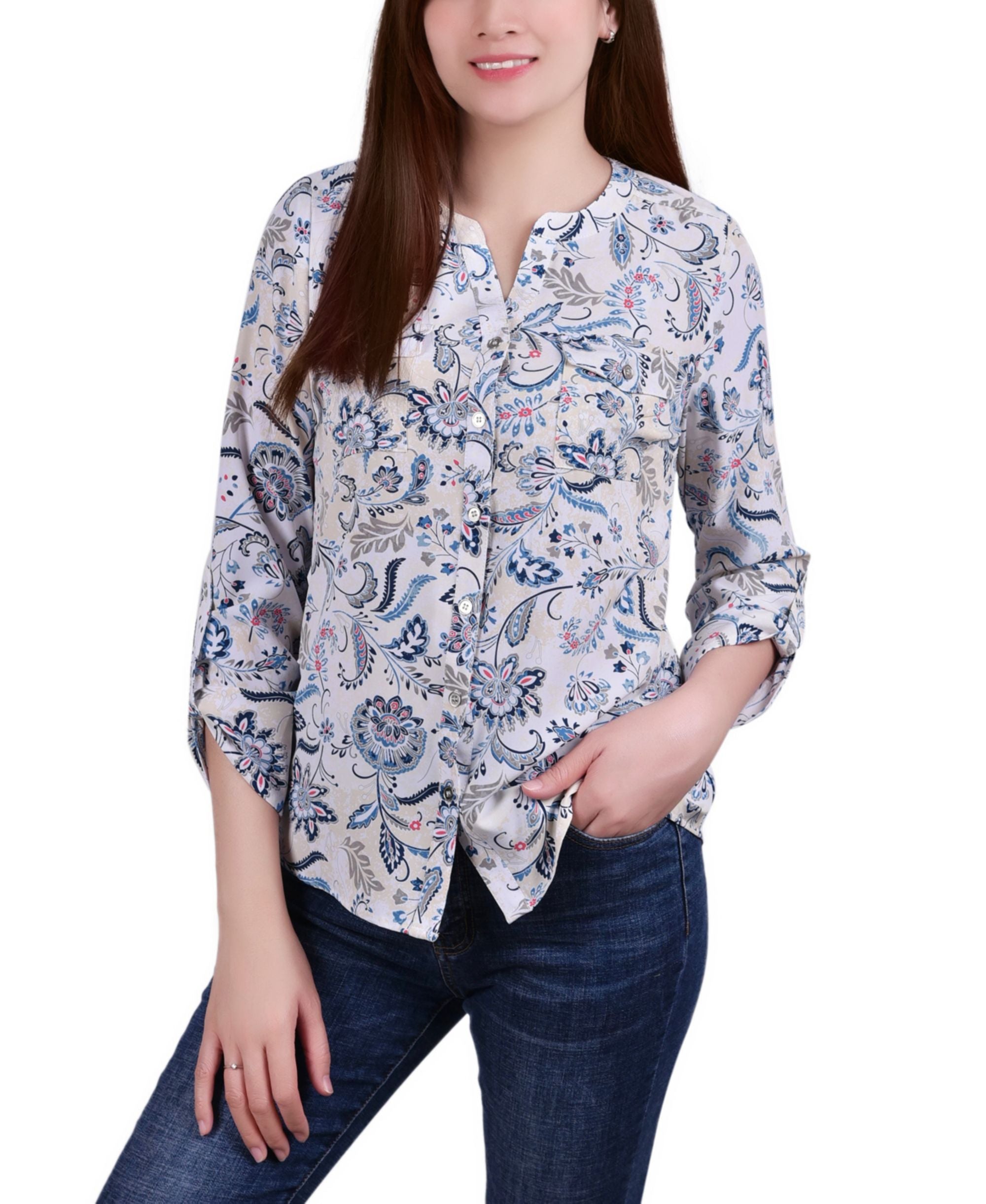 Petite 3/4 Sleeve Roll Tab Y Neck Blouse
