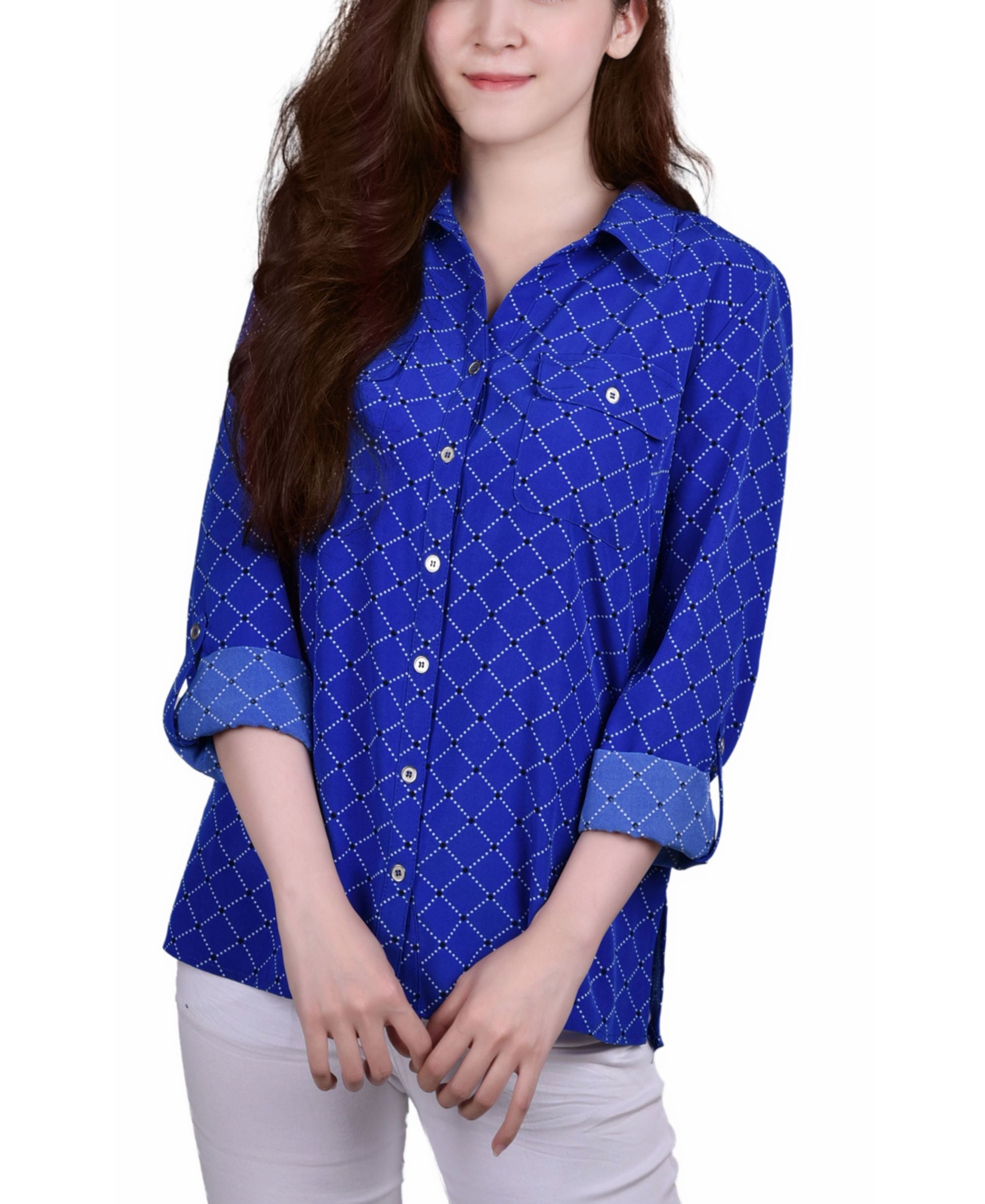 Petite 3/4 Sleeve Roll Tab Notch Collar Blouse