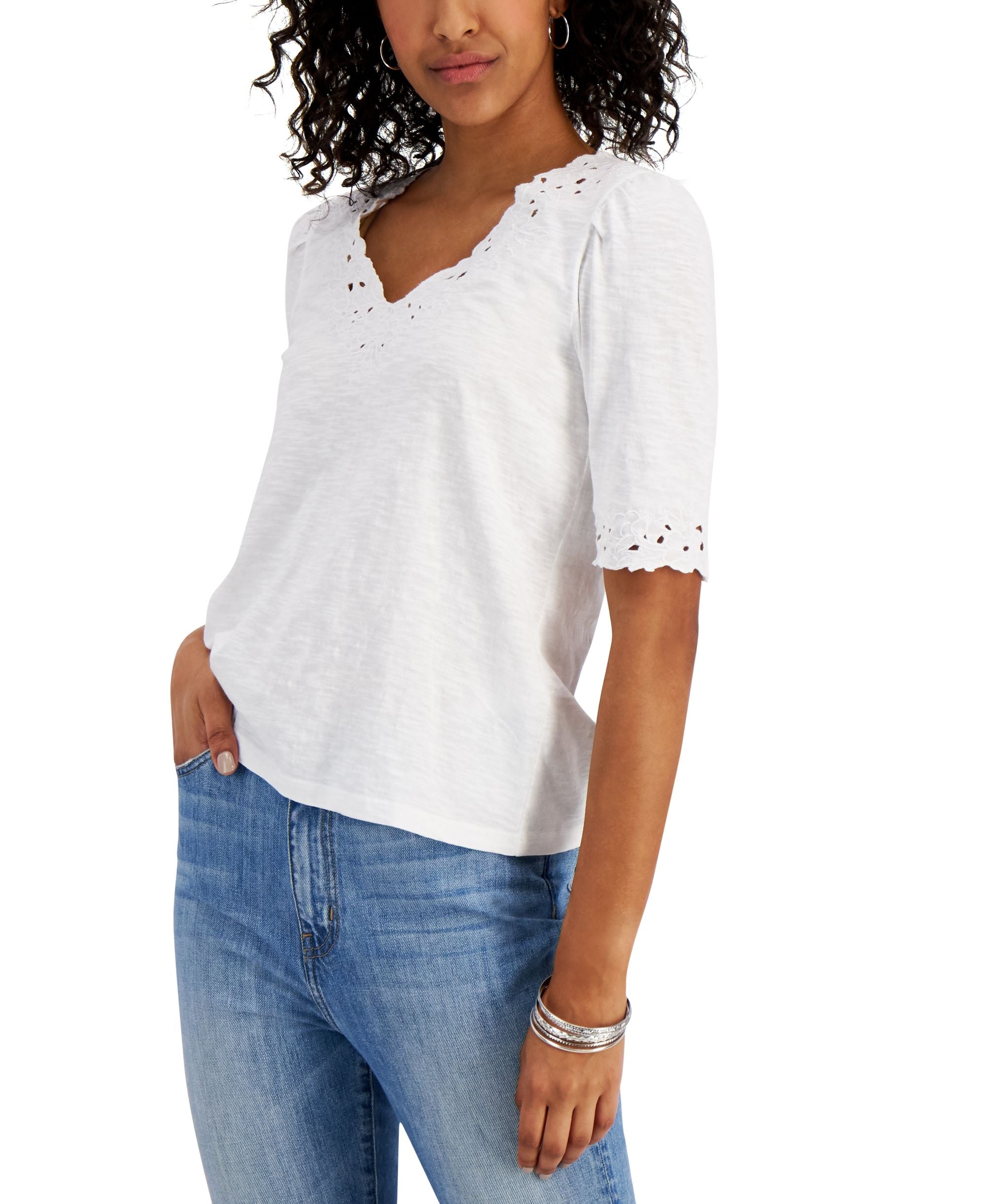Charter Club Petite Crochet Trim Cotton Top
