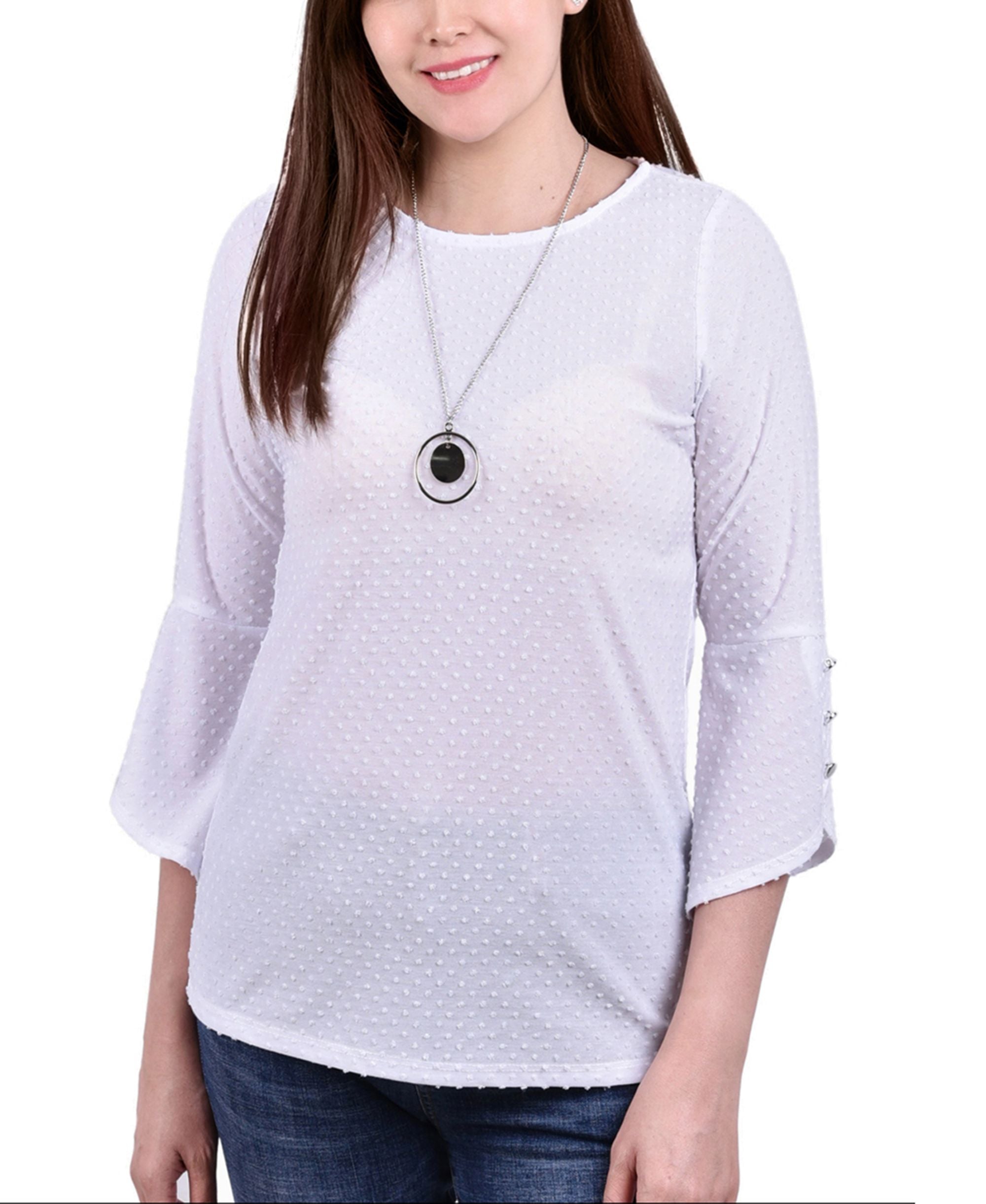 NY Collection Petite 3/4 Tulip Sleeve Top With Necklace
